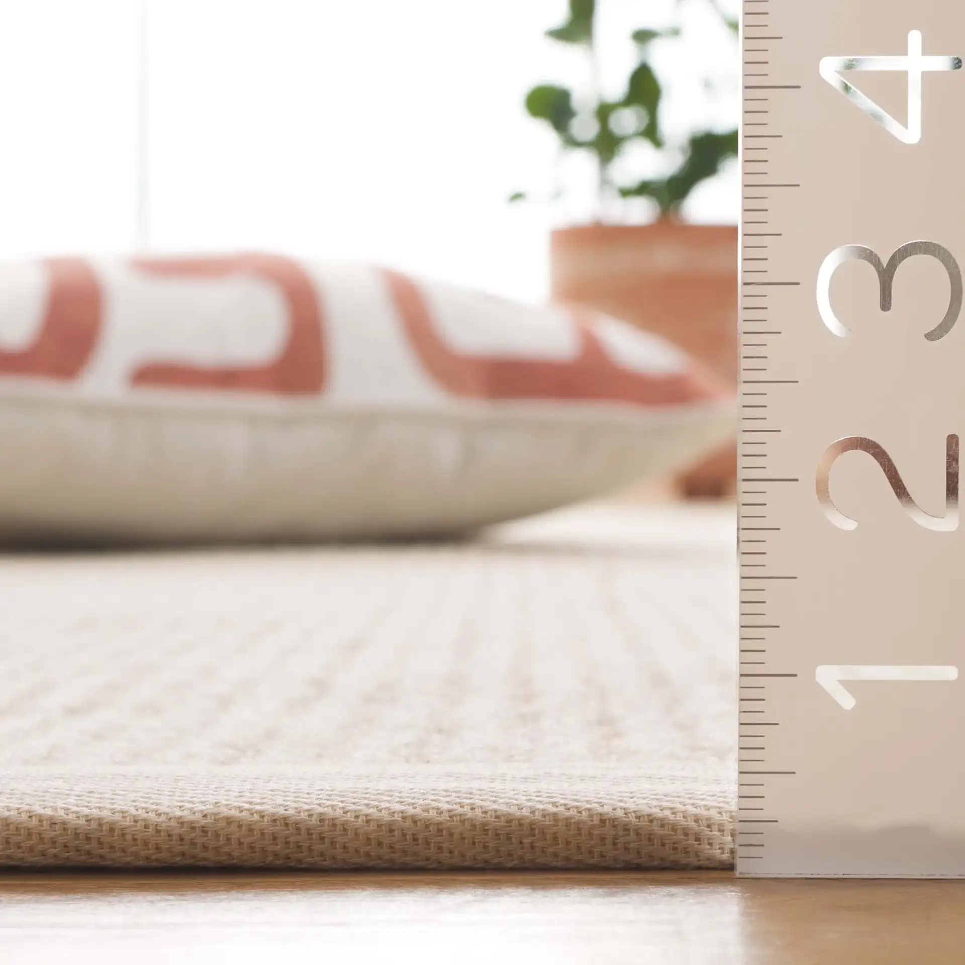 Palm Beach Grid Weave Bordered Rug in Ivory in a styled room