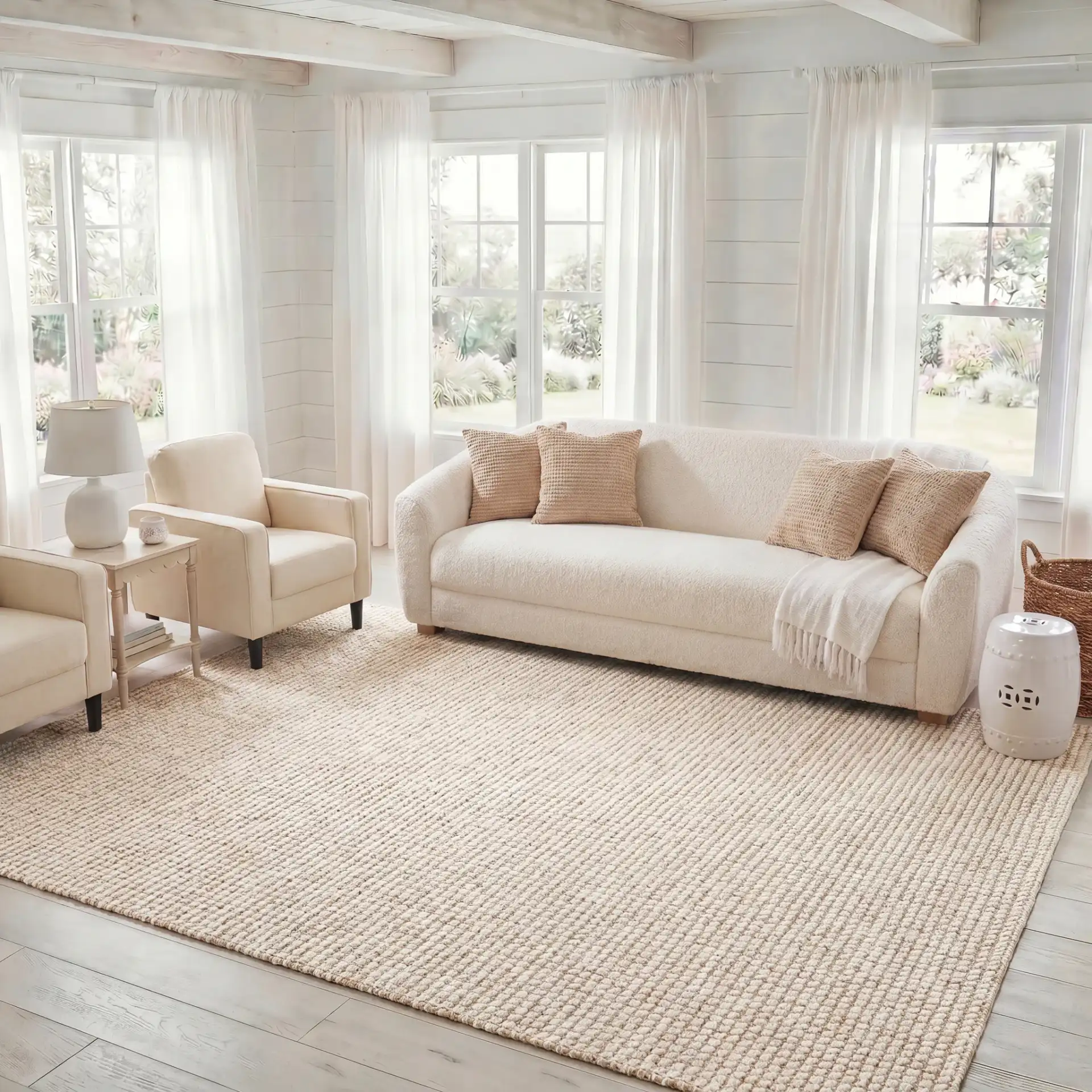 Grid Ribbed Rug in Ivory / Natural in a styled room