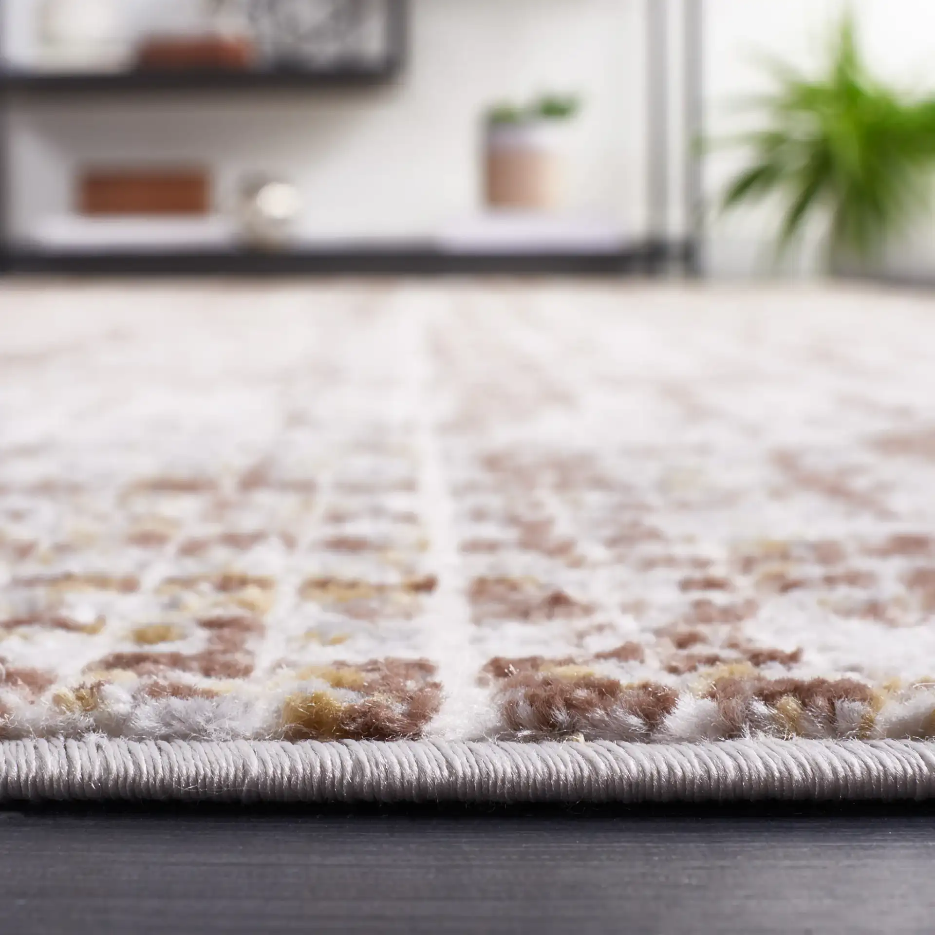 Palma Textured Grid Rug in Beige / Brown in a styled room