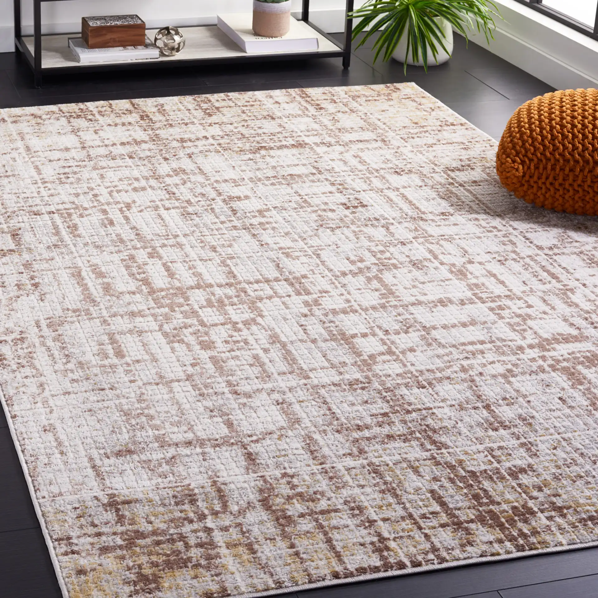Palma Textured Grid Rug in Beige / Brown in a styled room