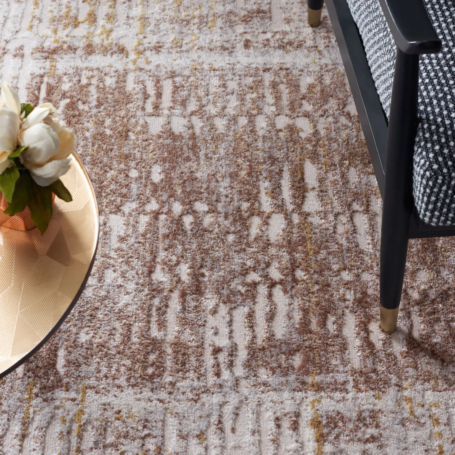 Palma Abstract Panel Rug in Beige / Brown in a styled room