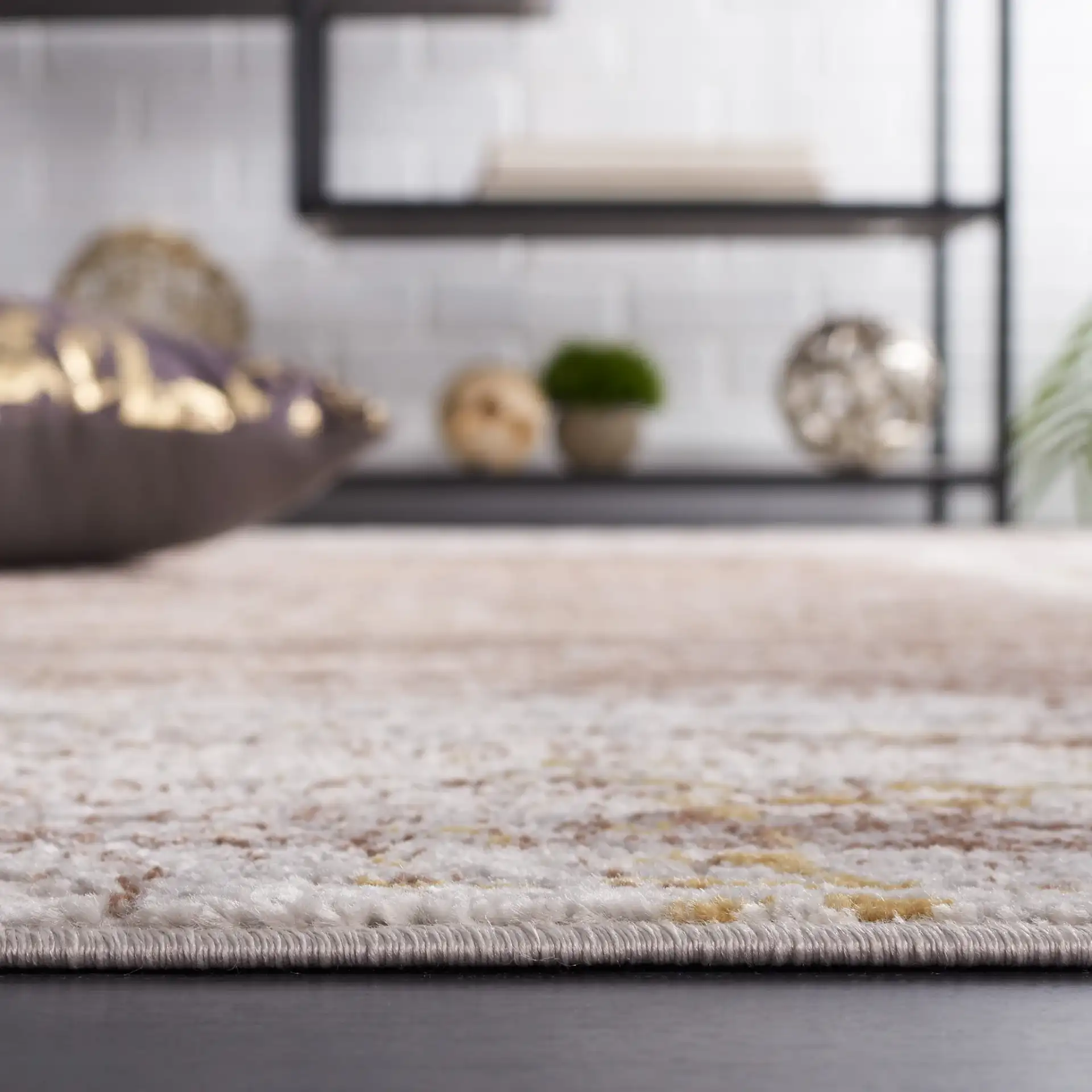 Palma Abstract Panel Rug in Beige / Brown in a styled room