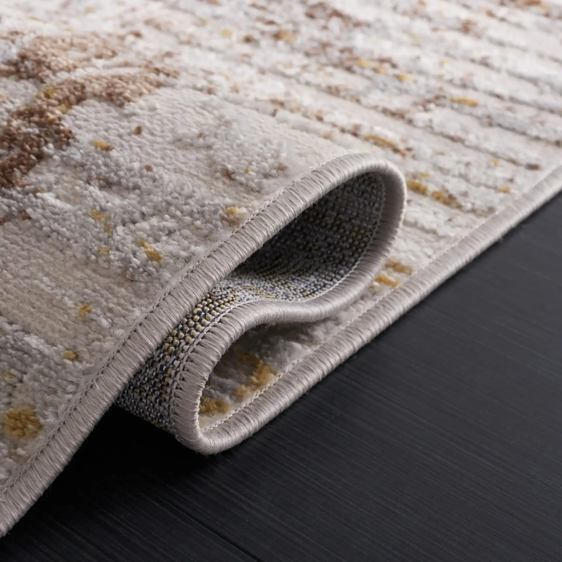 Palma Abstract Panel Rug in Beige / Brown in a styled room