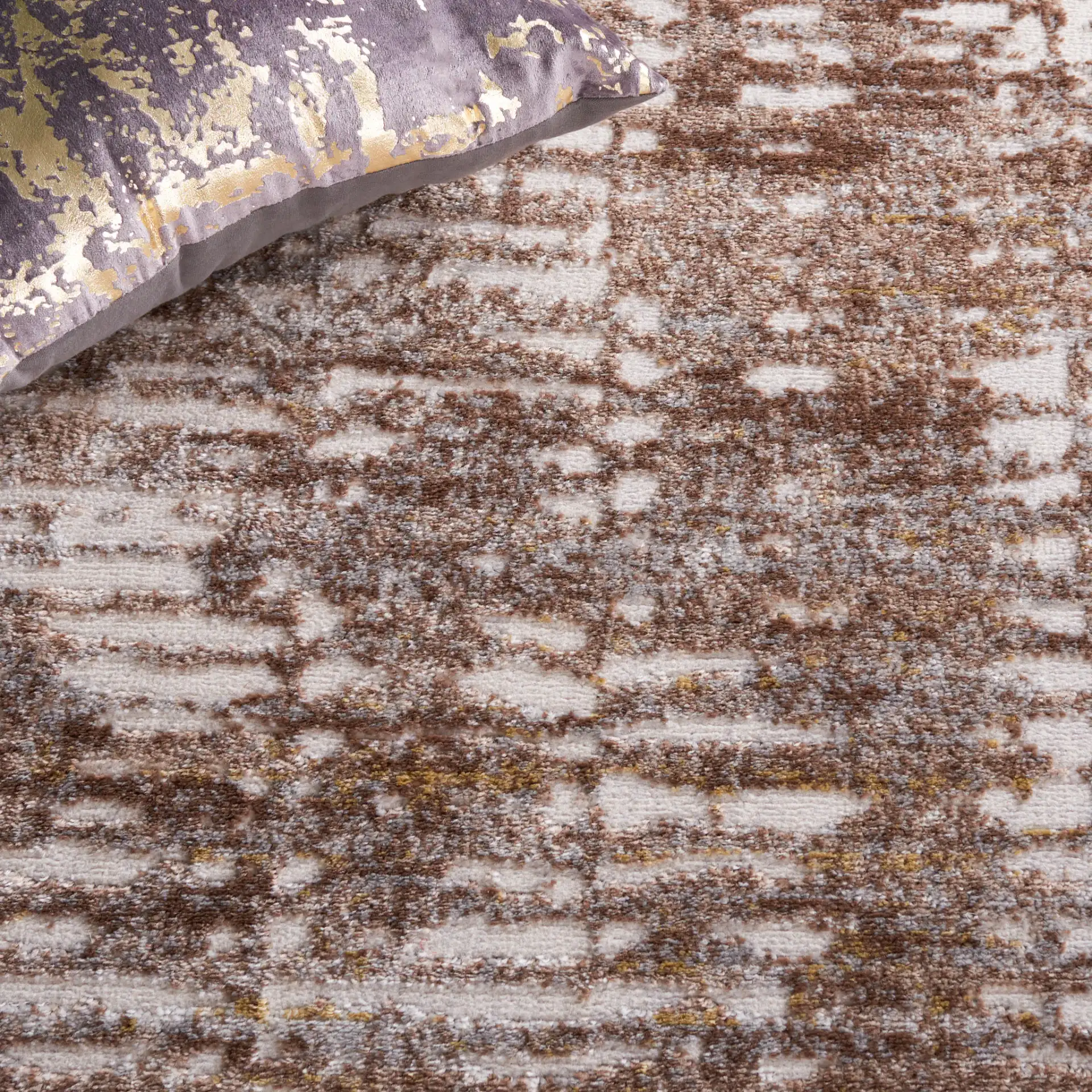 Palma Abstract Panel Rug in Beige / Brown in a styled room