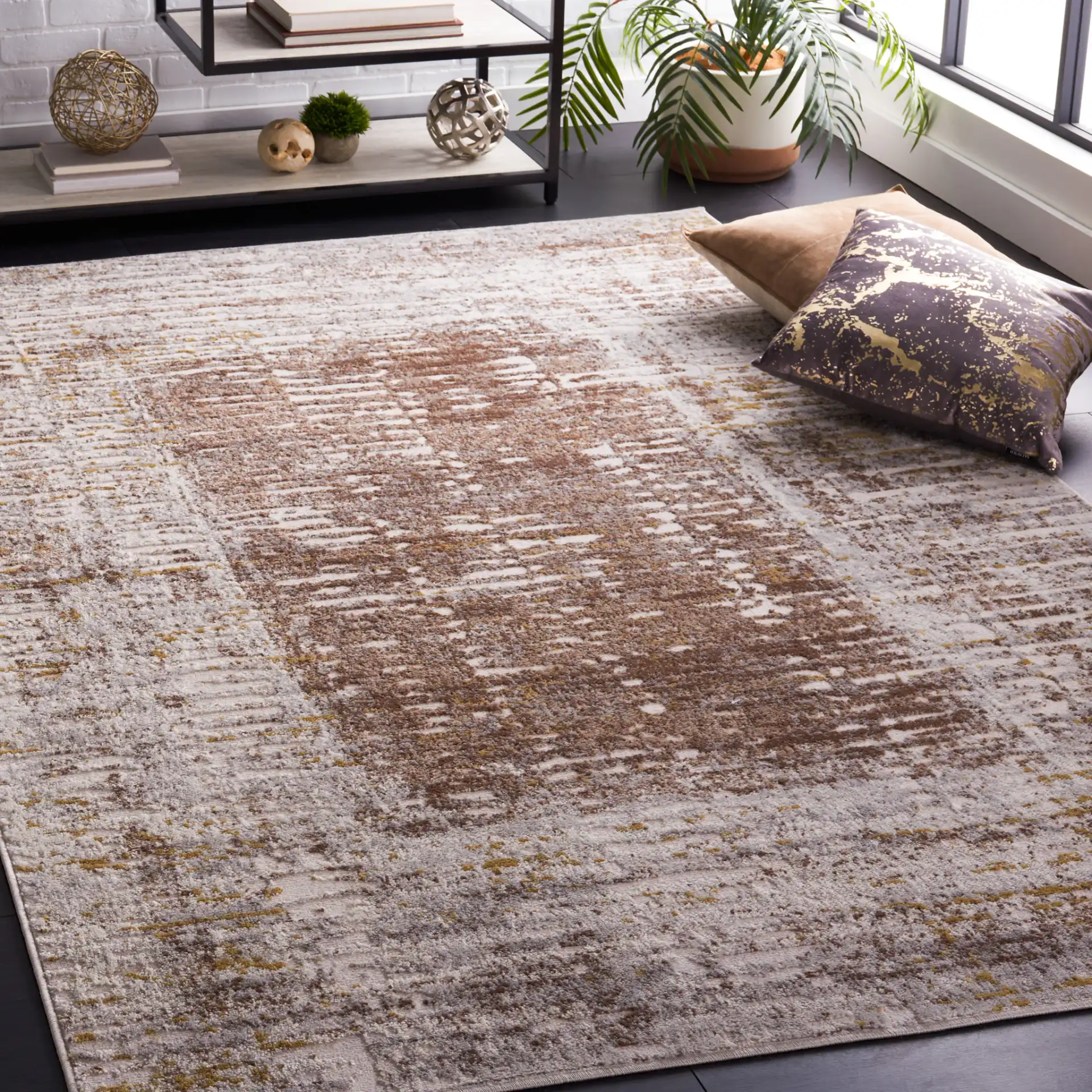 Palma Abstract Panel Rug in Beige / Brown in a styled room