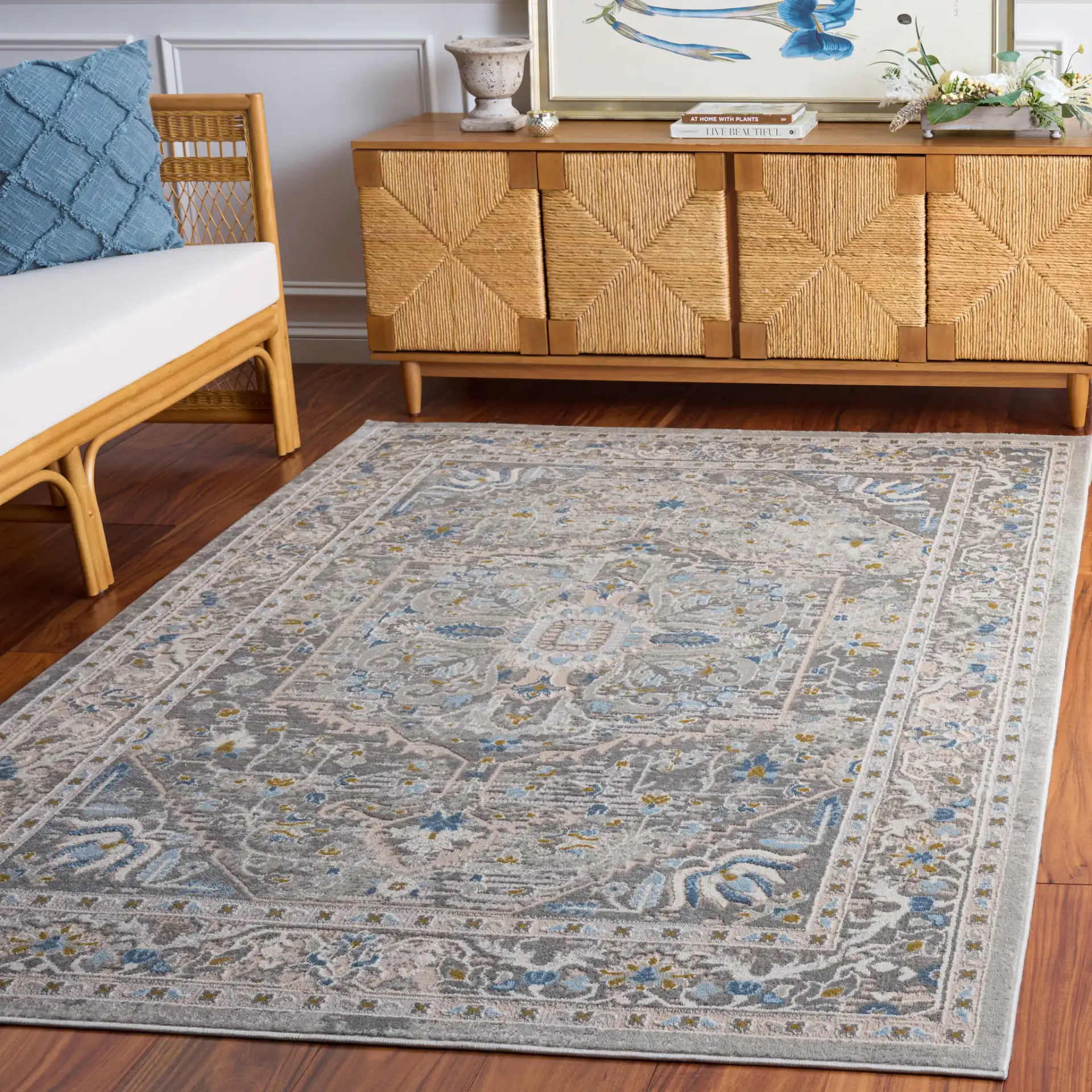 Palma Medallion Bordered Rug in Gray in a styled room