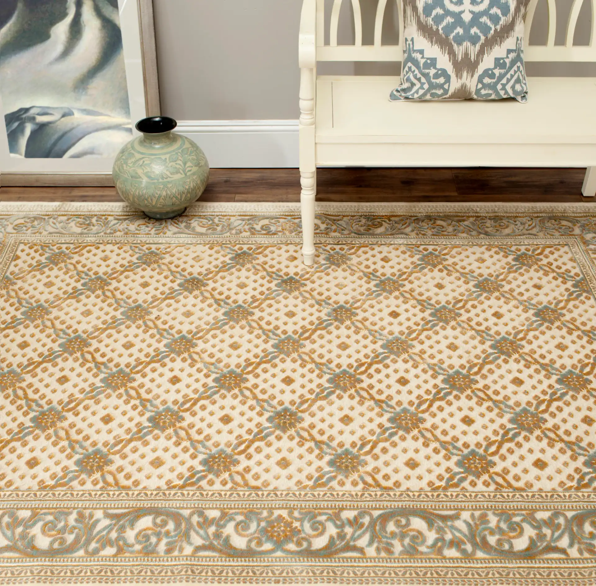 Paradise Floral Lattice Rug in Cream in a styled room