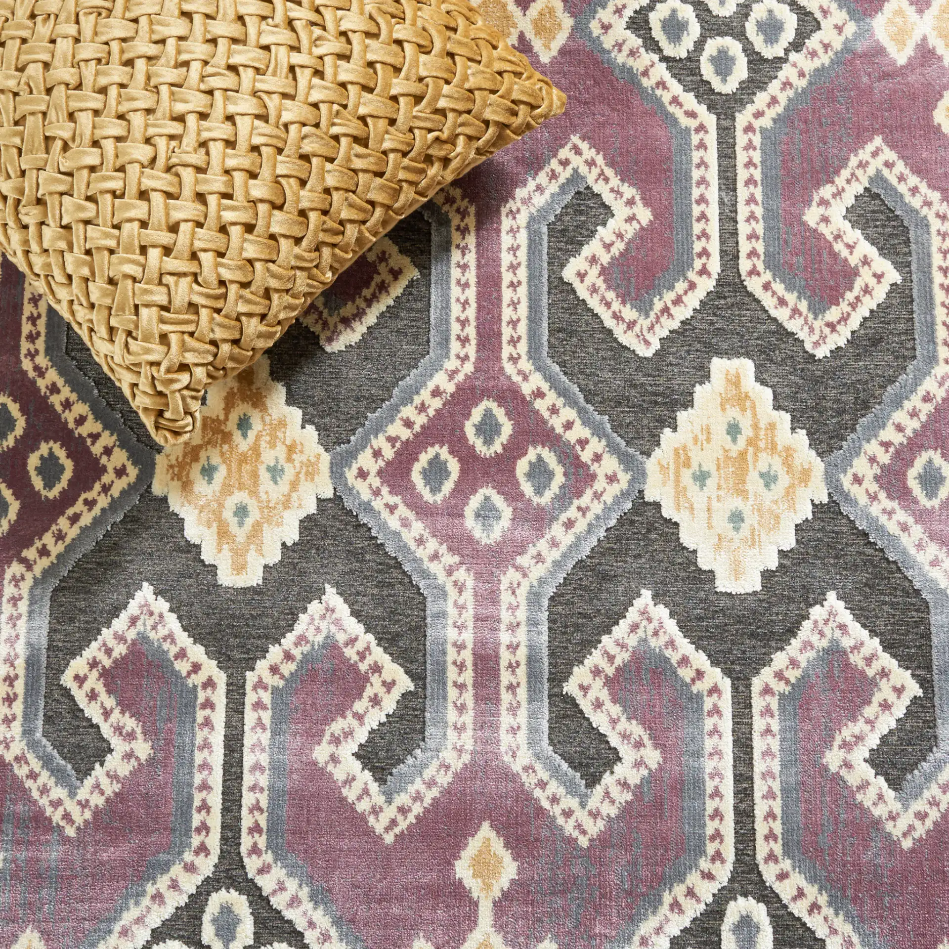 Paradise Thom Felica Stepped Diamond Rug in Purple / Multicolor in a styled room