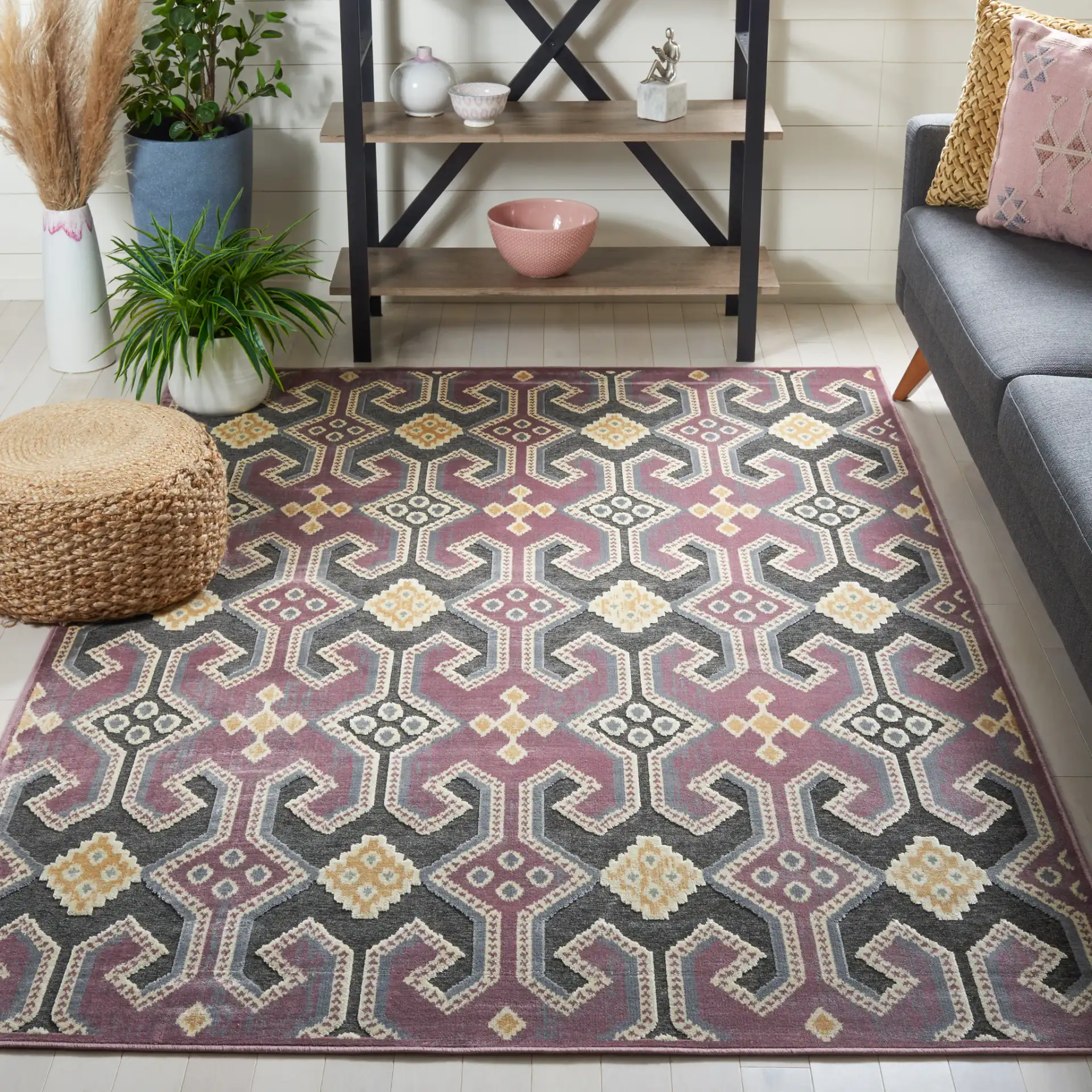 Paradise Thom Felica Stepped Diamond Rug in Purple / Multicolor in a styled room