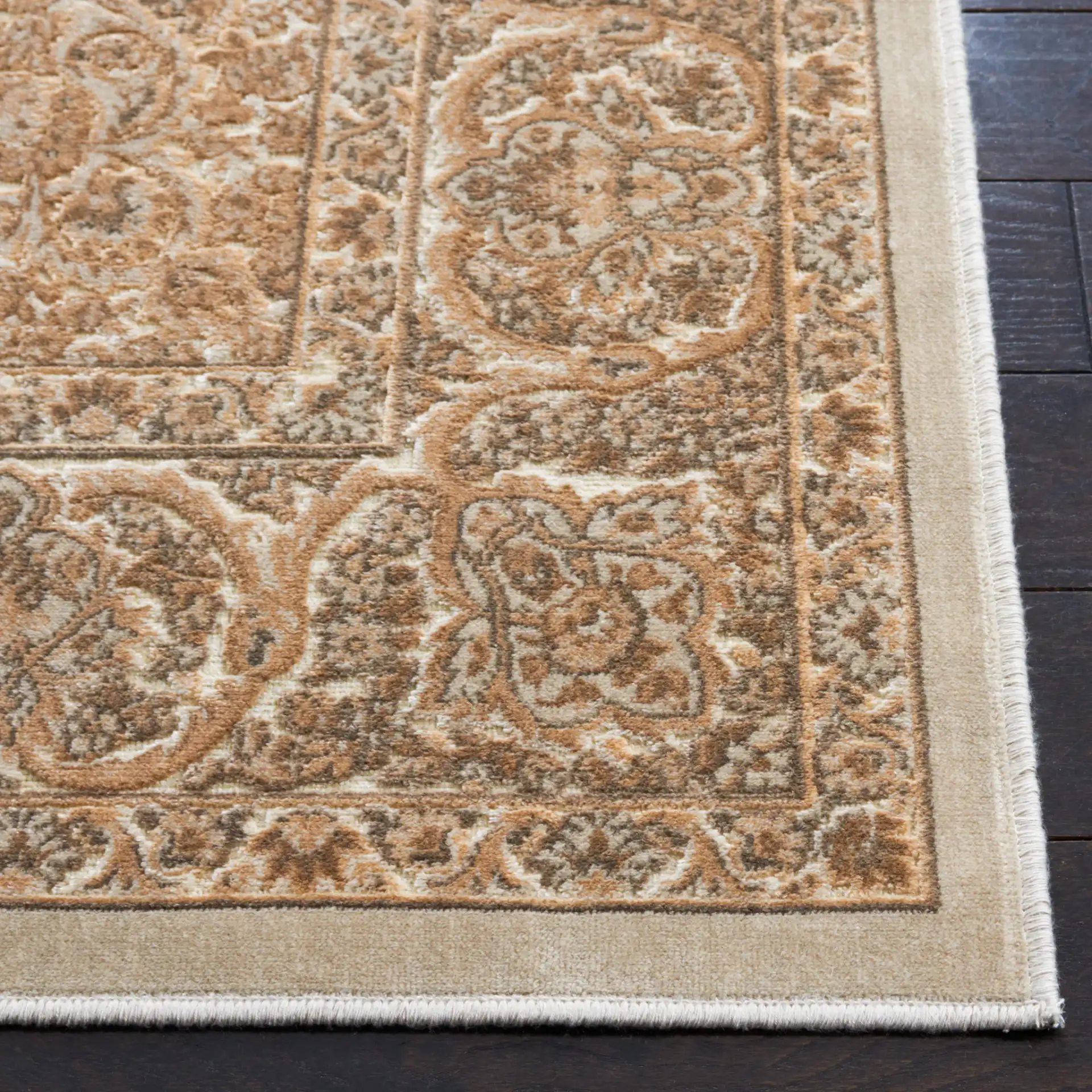 Paradise Medallion Border Rug in Stone / Cream in a styled room