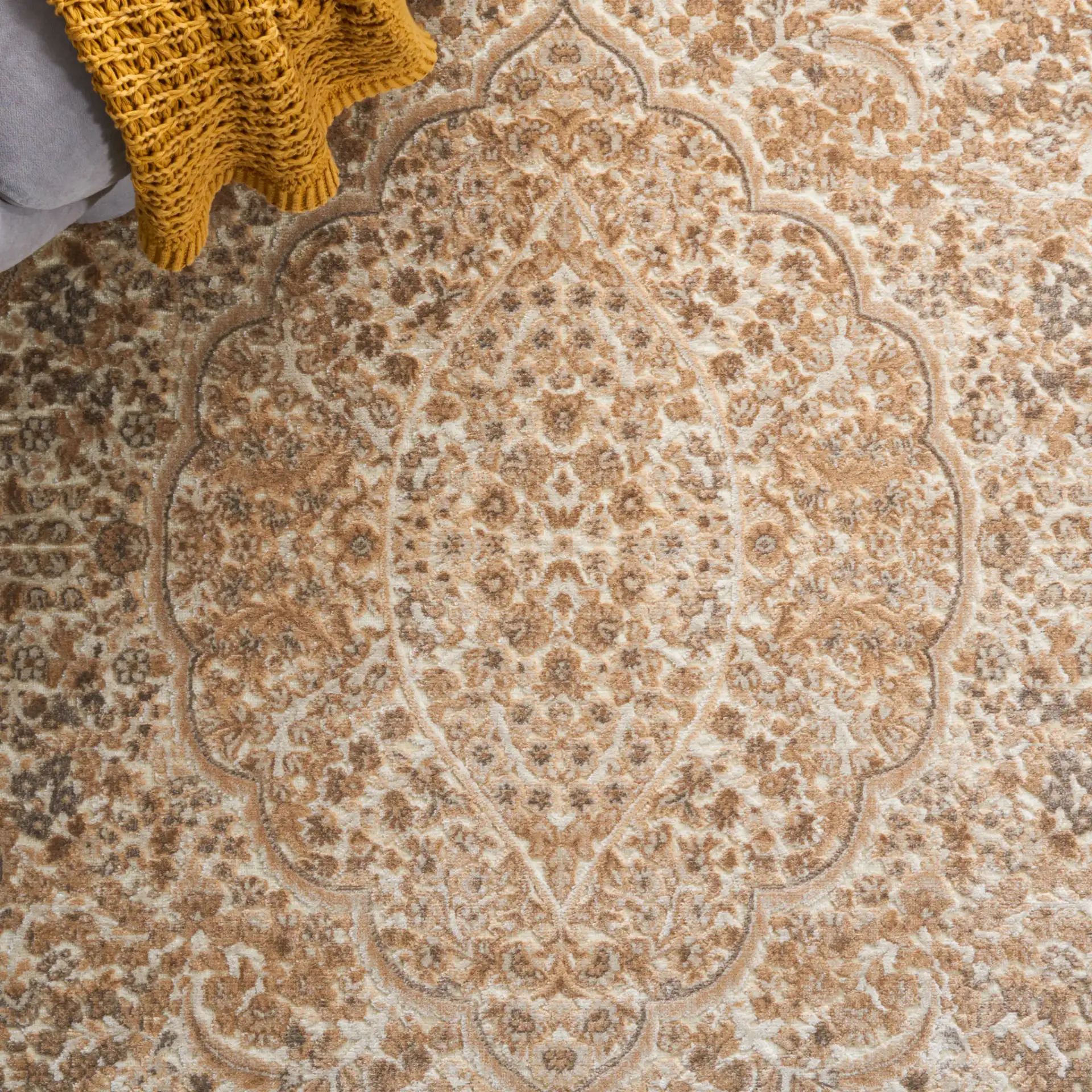 Paradise Medallion Border Rug in Stone / Cream in a styled room