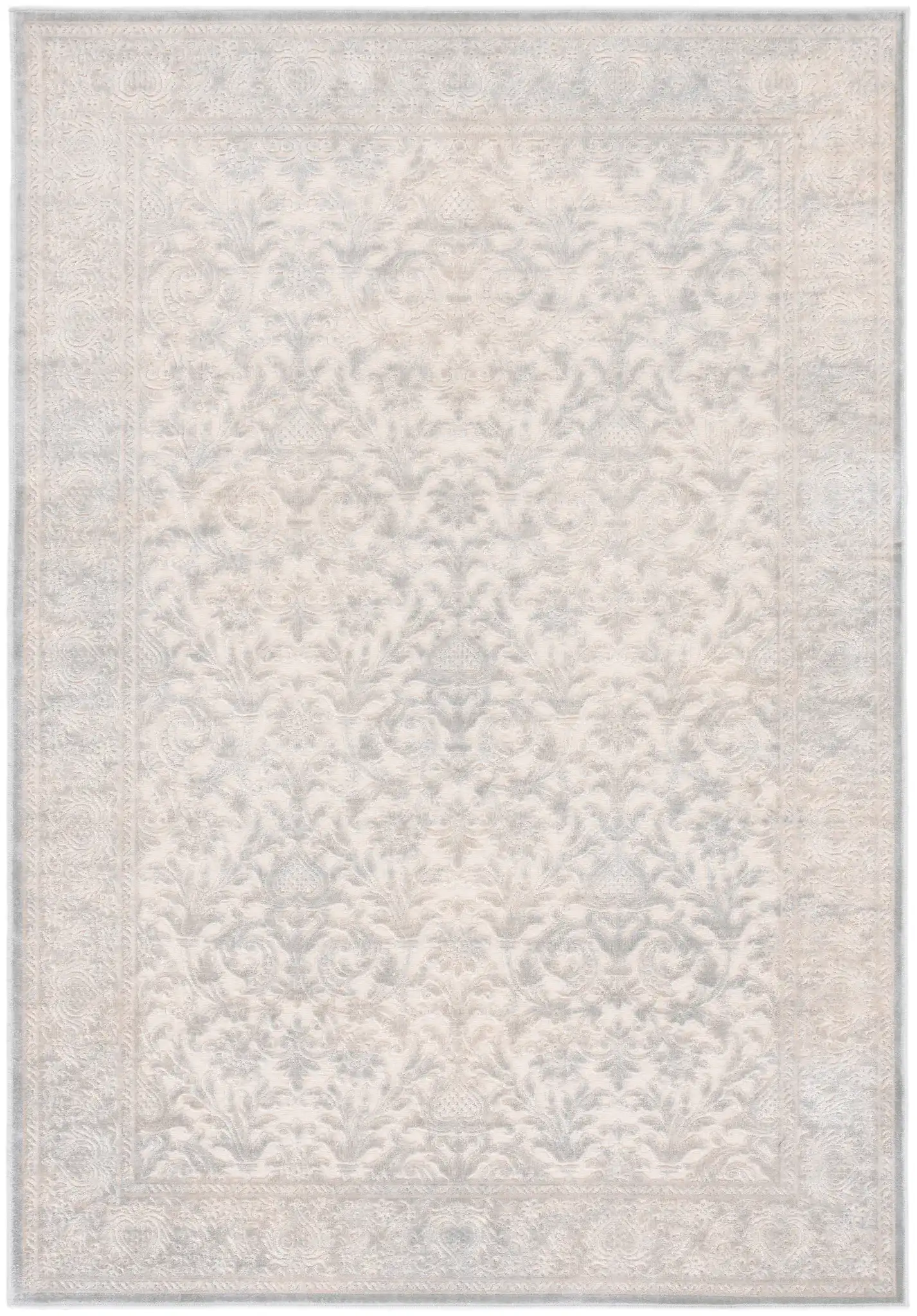 Paradise Damask Bordered Rug in Cream / Slate Blue