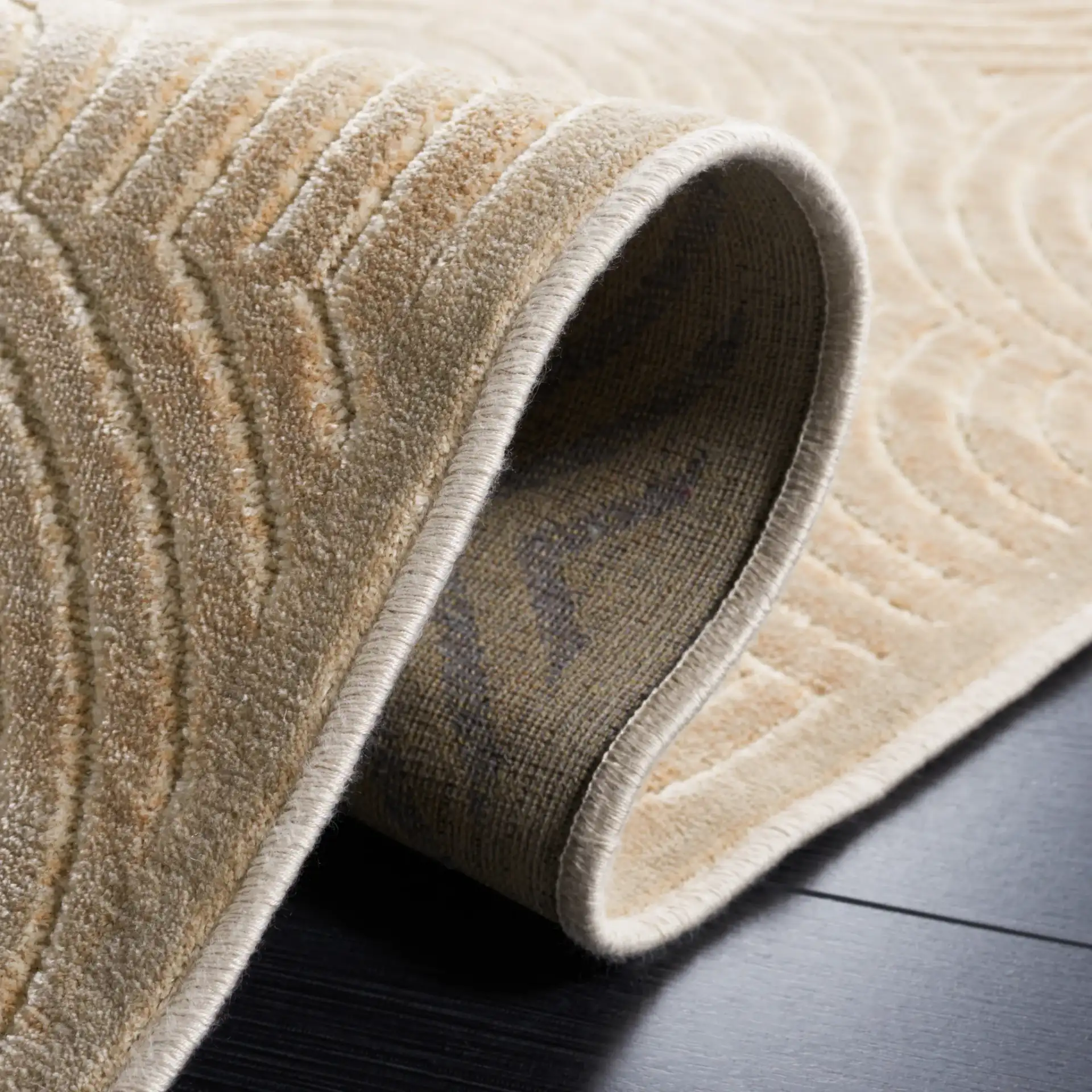 Paradise Concentric Arc Rug in Stone in a styled room