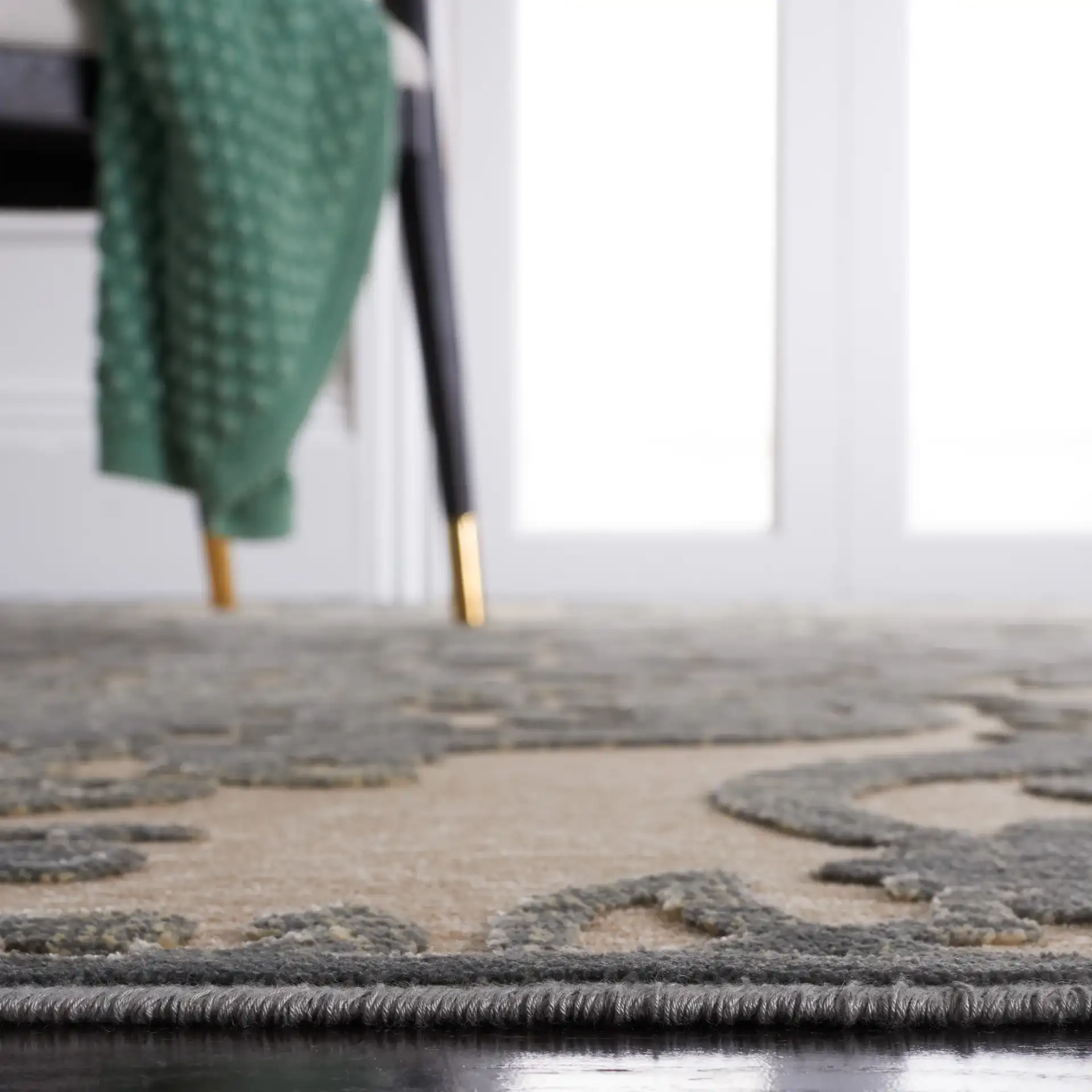 Paradise Isaac Mizrahi Damask Rug in Gray / Multicolor in a styled room