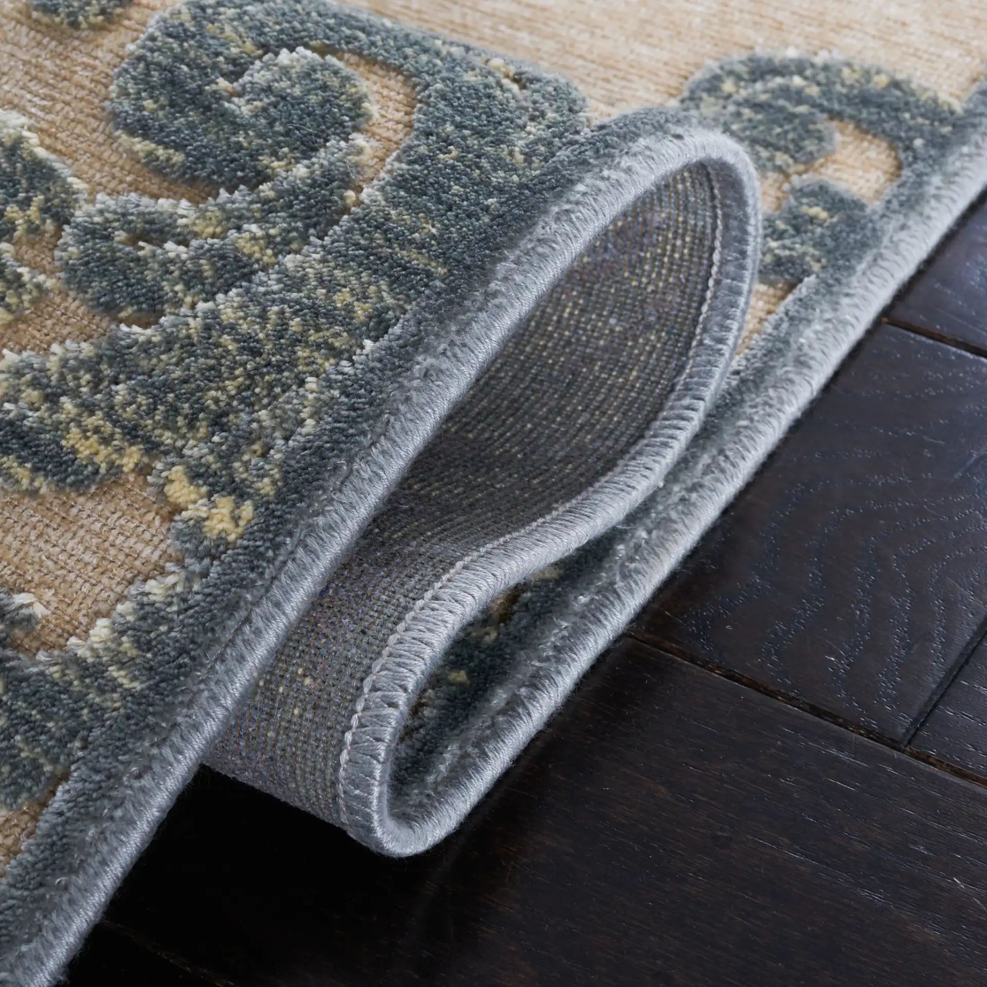 Paradise Isaac Mizrahi Damask Rug in Gray / Multicolor in a styled room