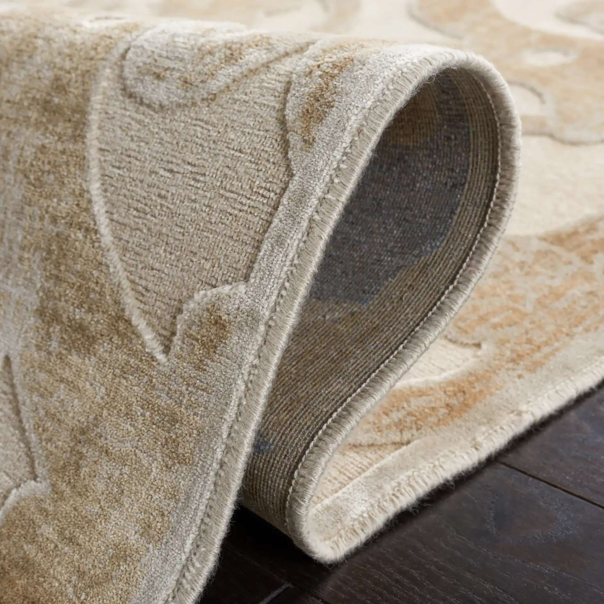 Paradise Scrolling Vine Viscose Rug in Stone / Cream in a styled room