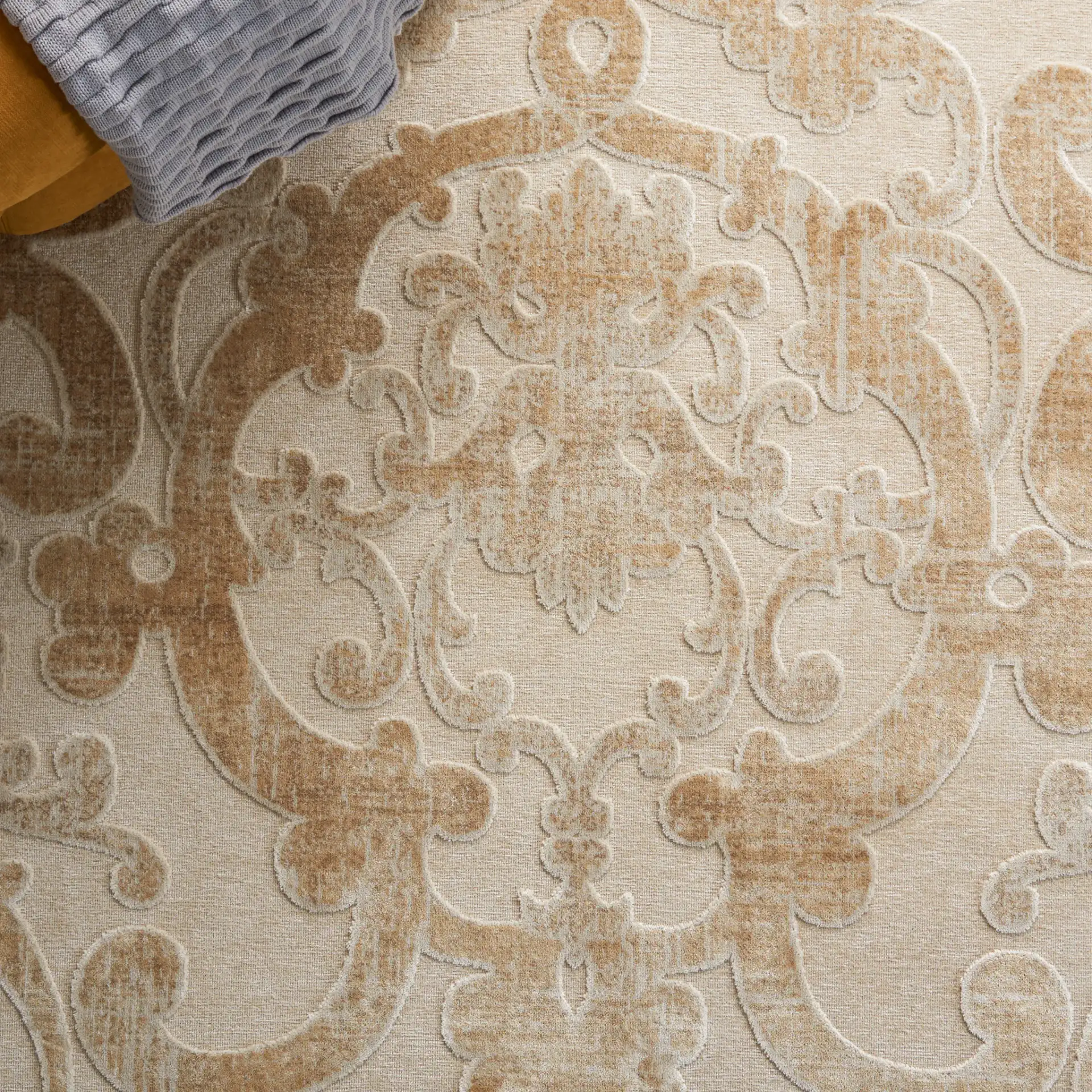 Paradise Scrolling Vine Viscose Rug in Stone / Cream in a styled room