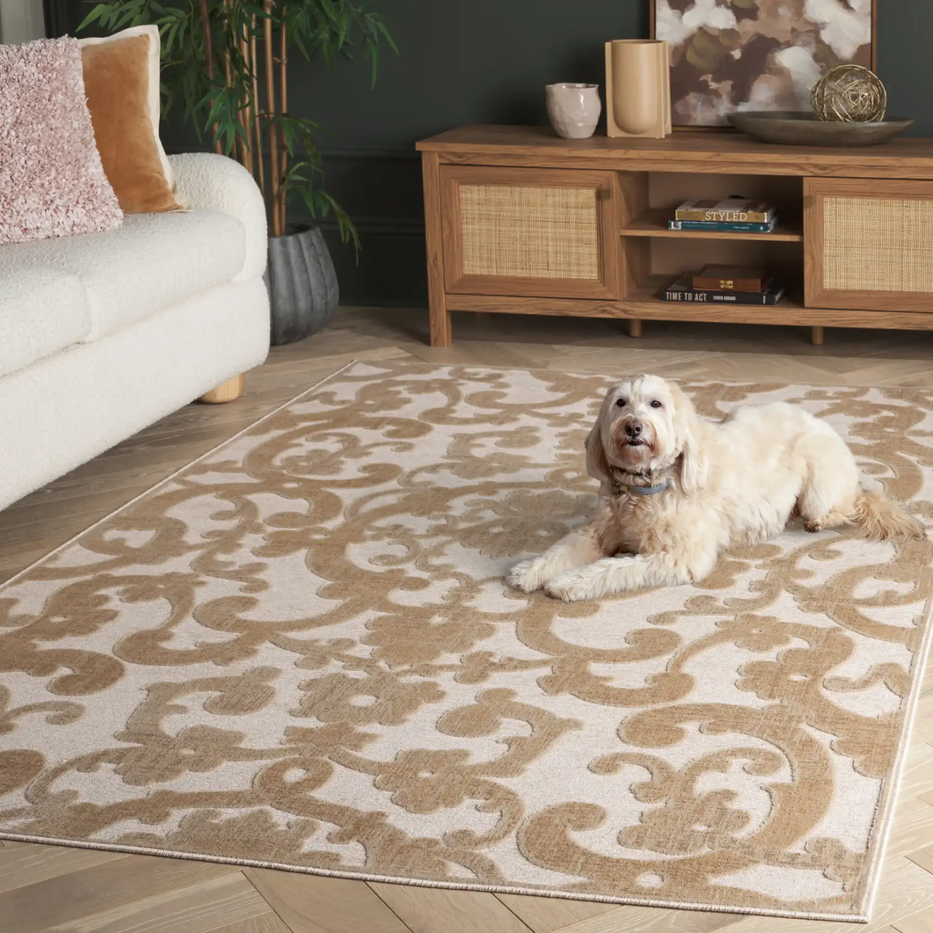 Paradise Scrolling Vine Viscose Rug in Stone / Cream in a styled room