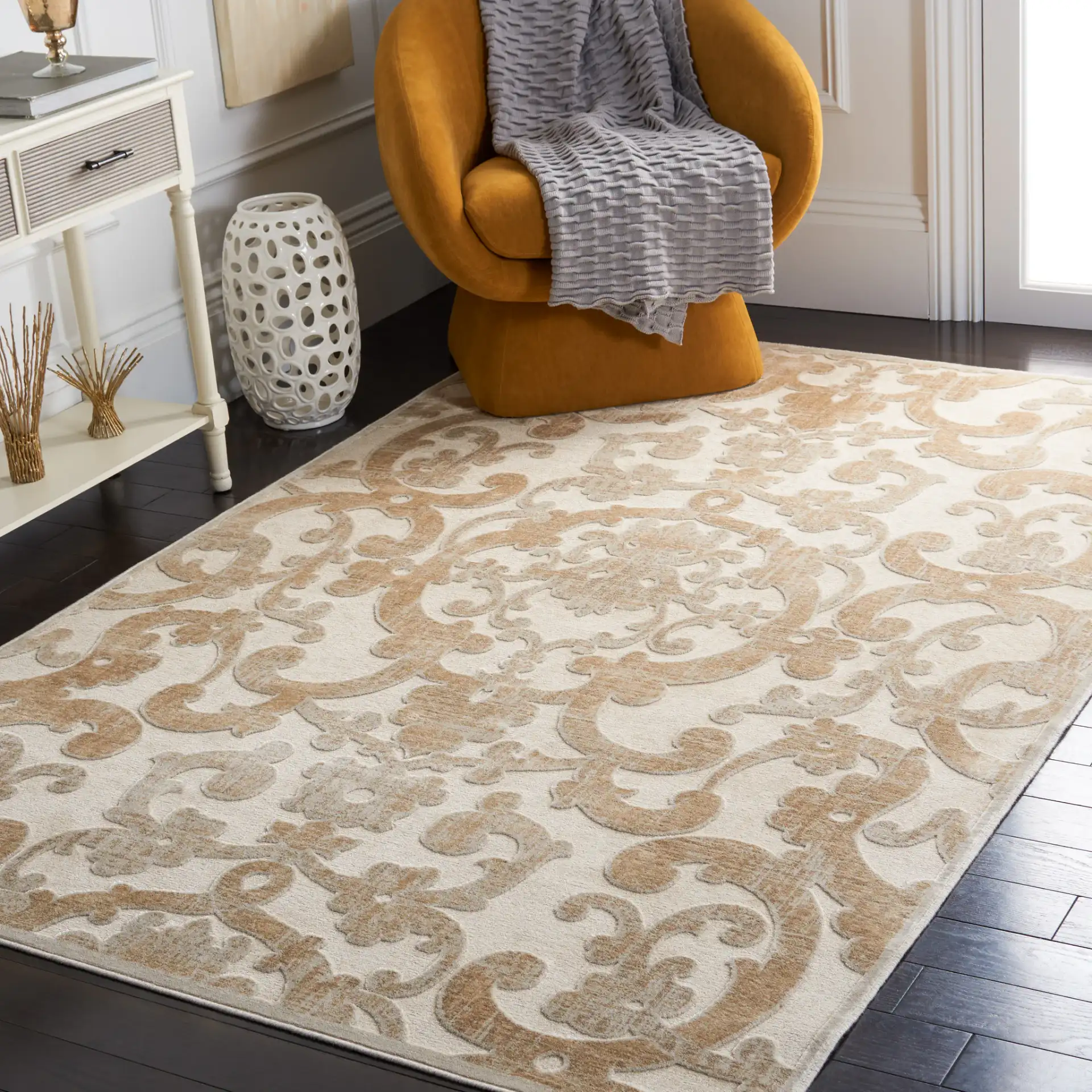 Paradise Scrolling Vine Viscose Rug in Stone / Cream in a styled room