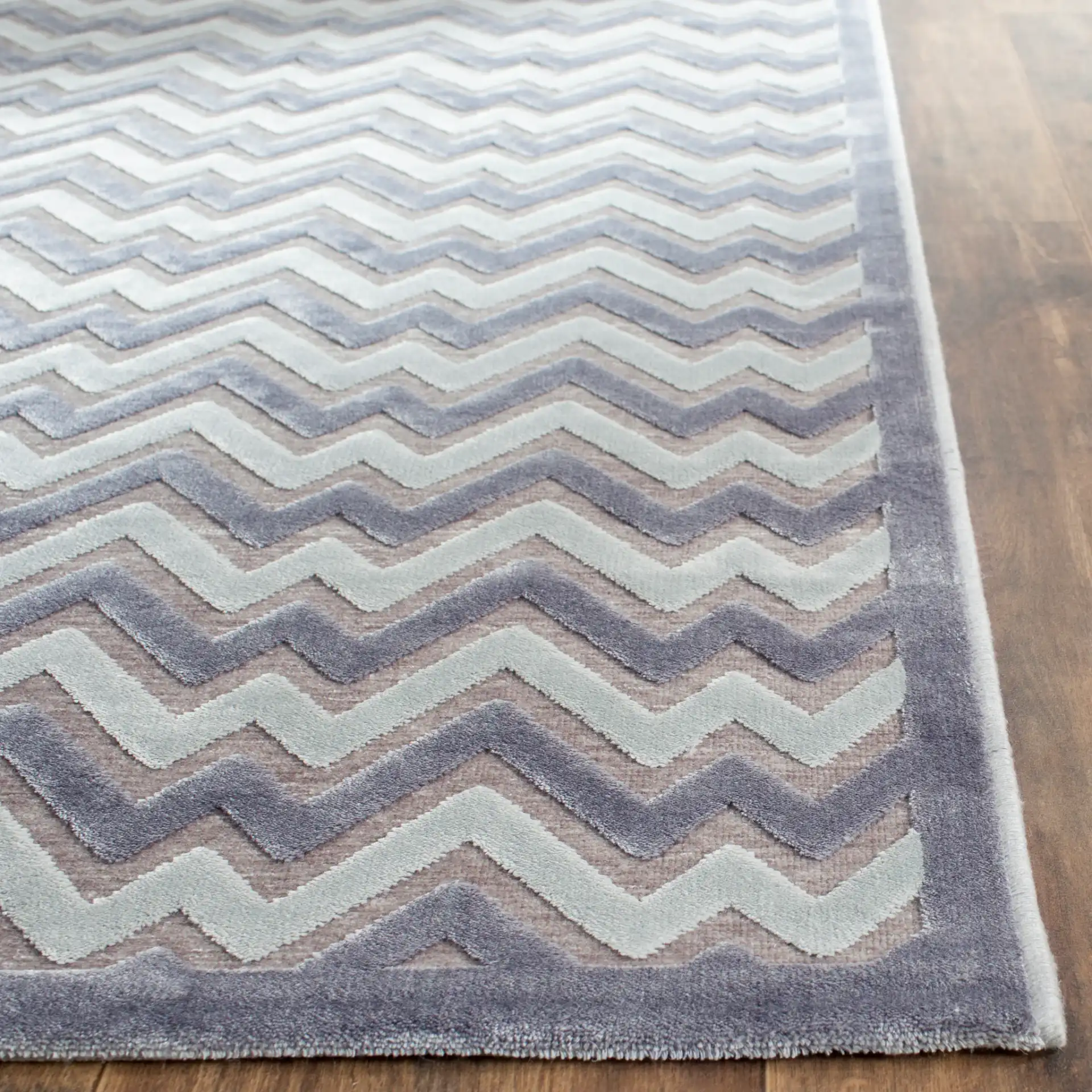 Paradise Chevron Border Rug in Light Gray / Dark Gray in a styled room