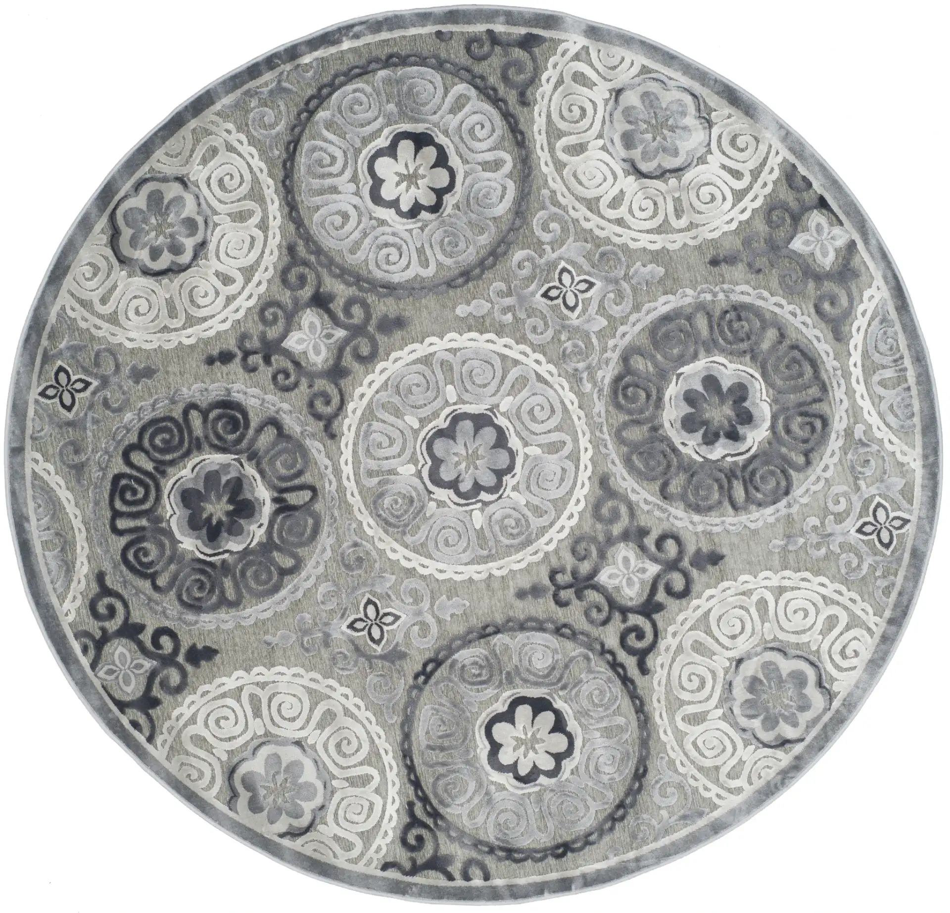 Paradise Circular Medallion Rug in Light Gray / Dark Gray, detail view