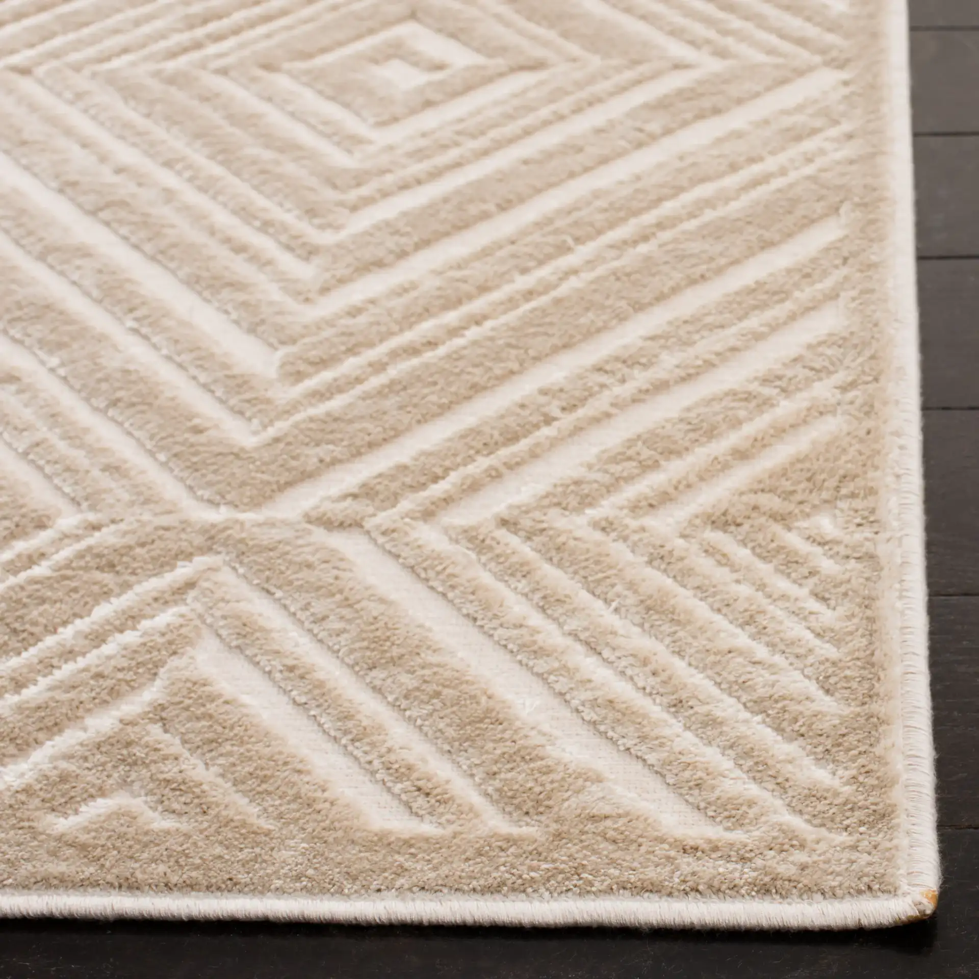 Paradise Martha Stewart Concentric Diamond Viscose Rug in Beige in a styled room
