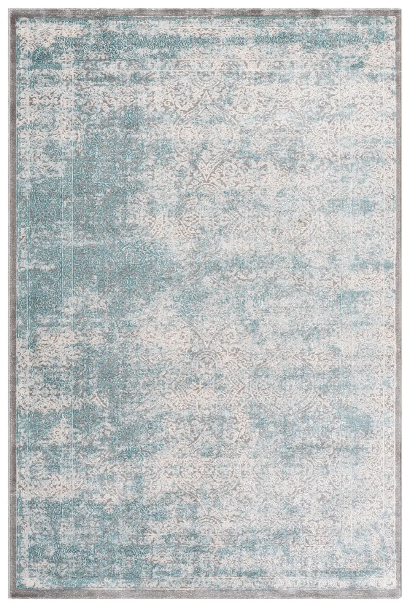 Passion Distressed Floral Bordered Rug in Turquoise / Ivory