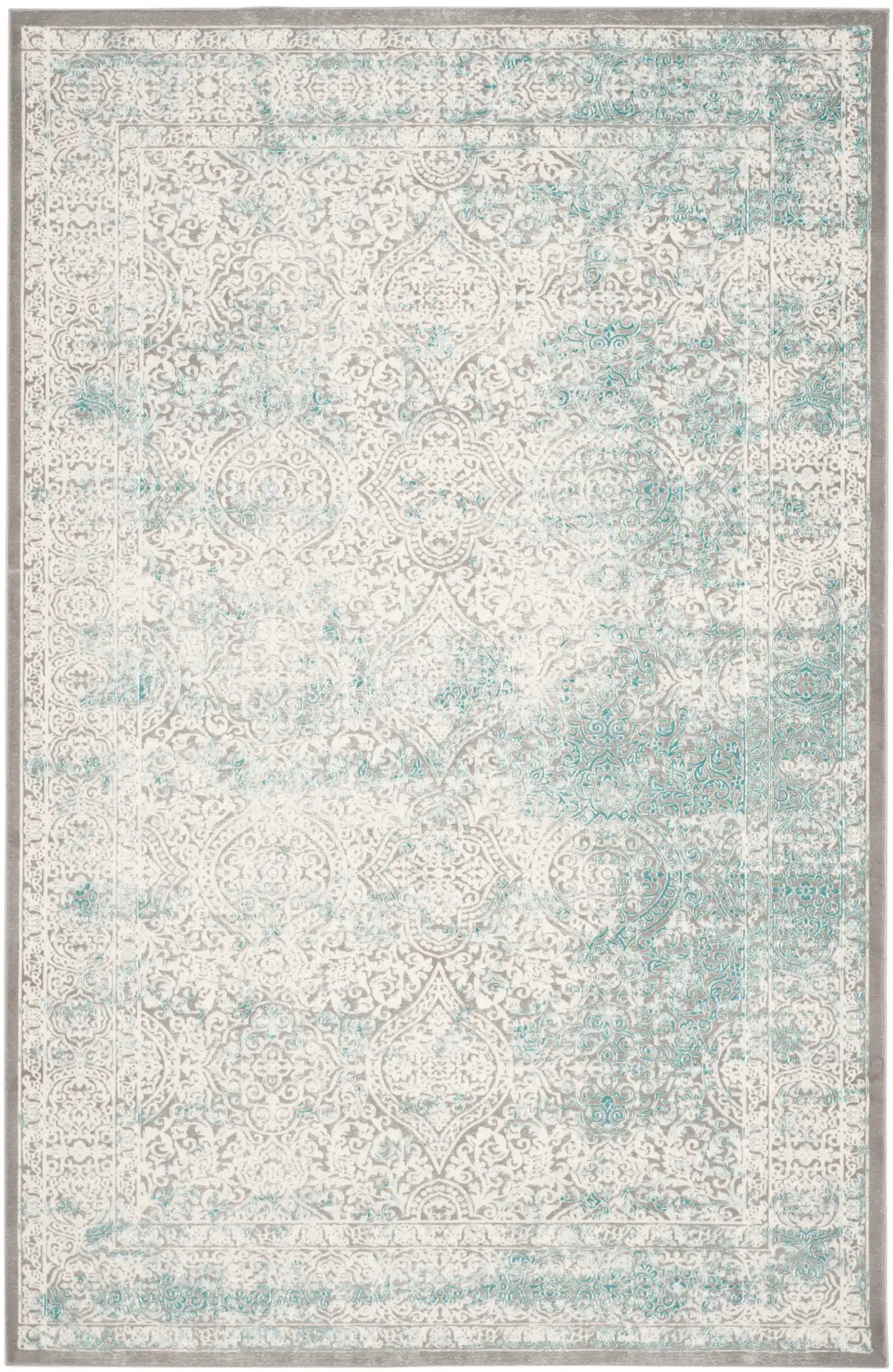 Passion Distressed Floral Bordered Rug in Turquoise / Ivory