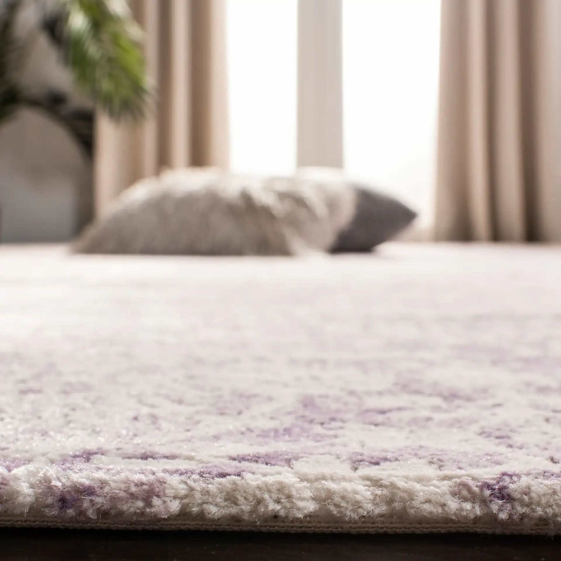 Passion Distressed Damask Rug in Lavender / Ivory in a styled room