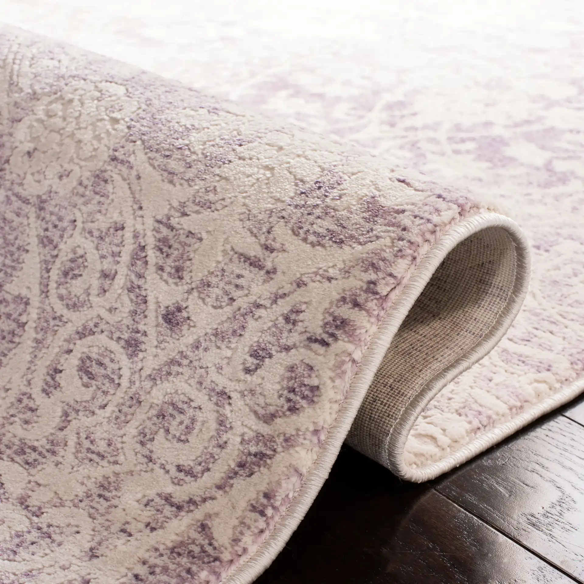 Passion Distressed Damask Rug in Lavender / Ivory in a styled room