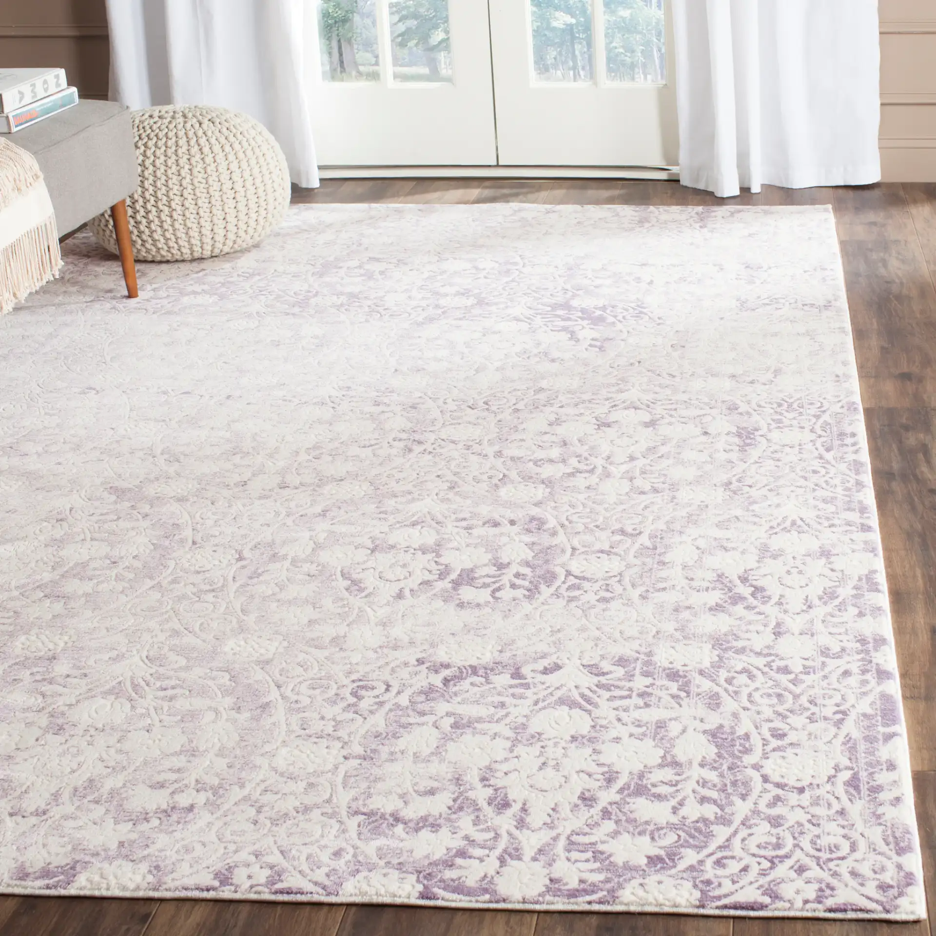 Passion Distressed Damask Rug in Lavender / Ivory in a styled room