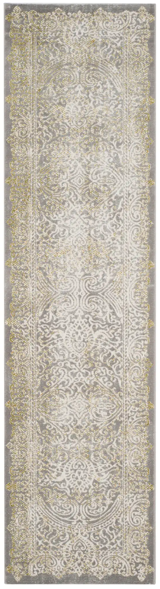 Passion Distressed Scroll Medallion Rug in Gray / Green, detail view