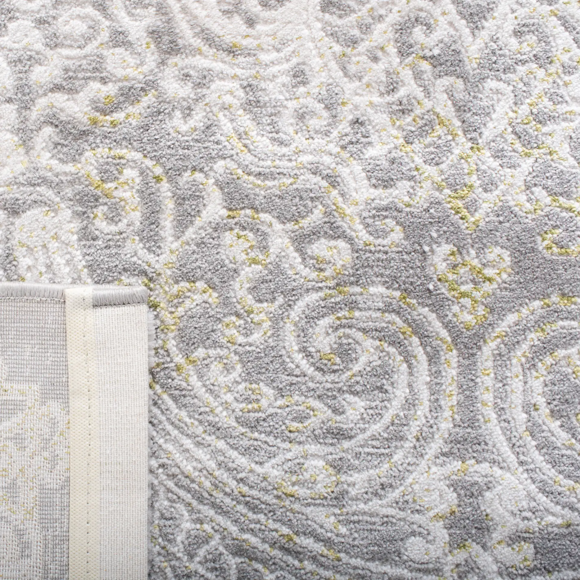 Passion Distressed Scroll Medallion Rug in Gray / Green in a styled room
