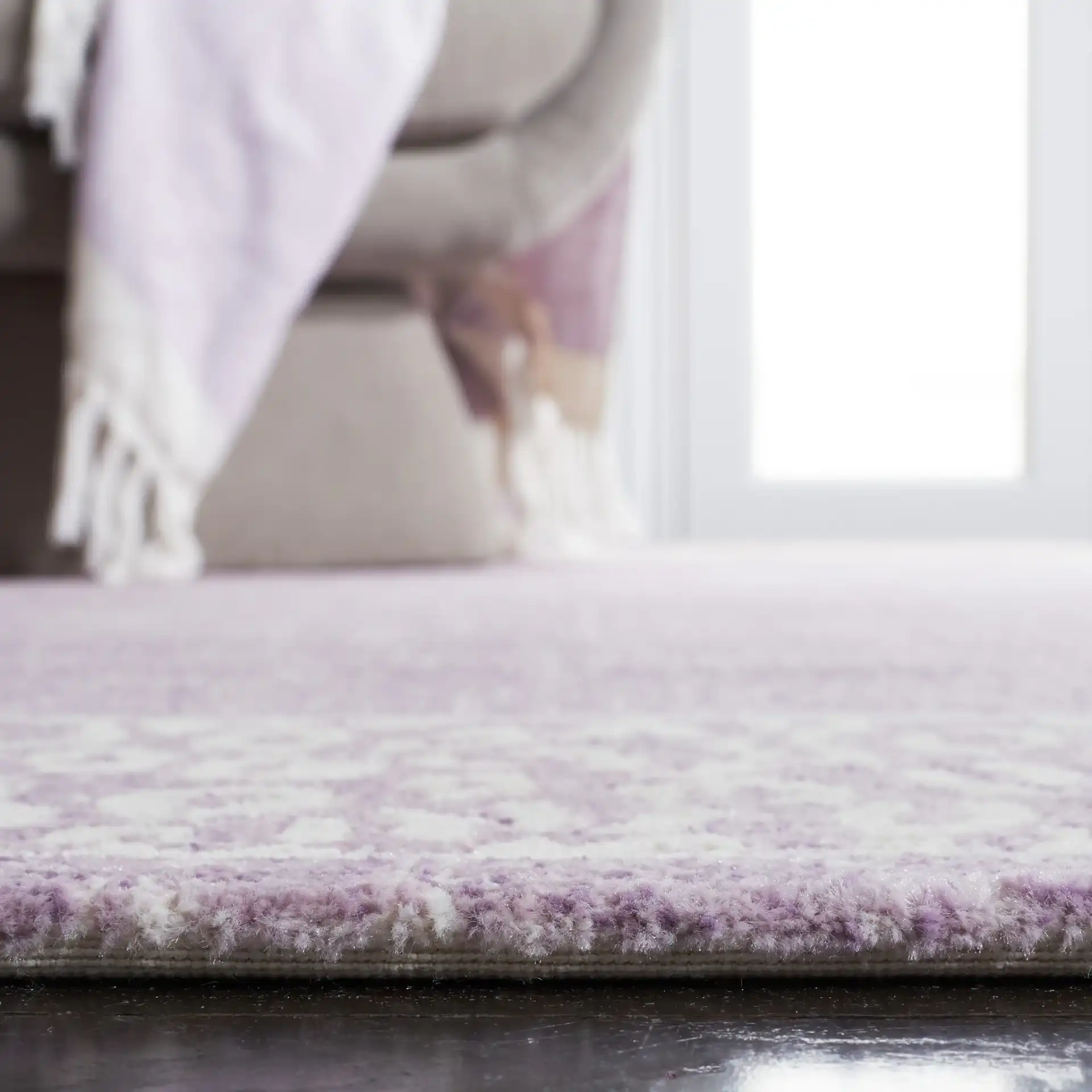 Passion Glam Leopard Border Rug in Purple / Beige in a styled room
