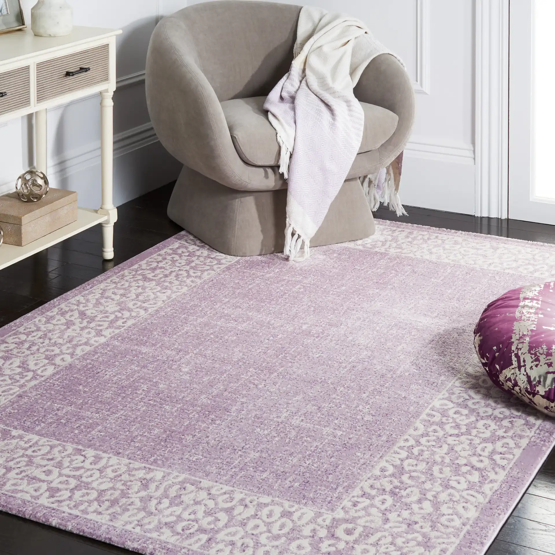 Passion Glam Leopard Border Rug in Purple / Beige in a styled room