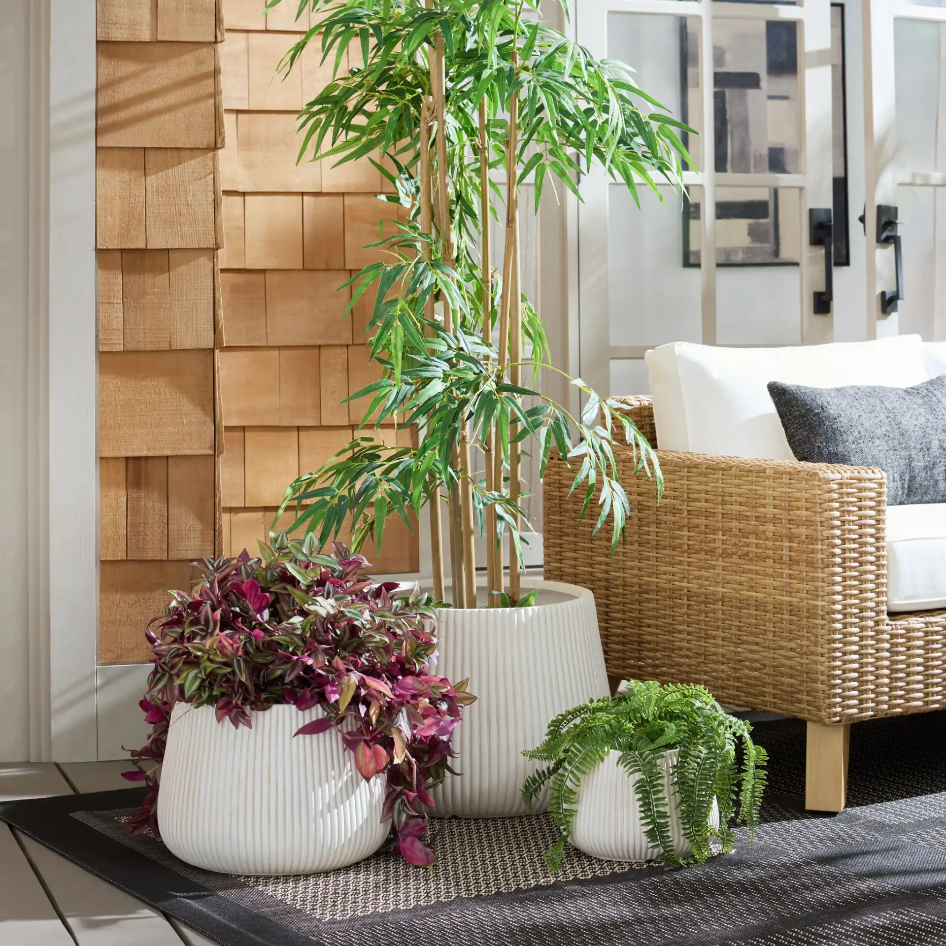 Sara Three-Piece Planter Pot Set in Beige in a styled room