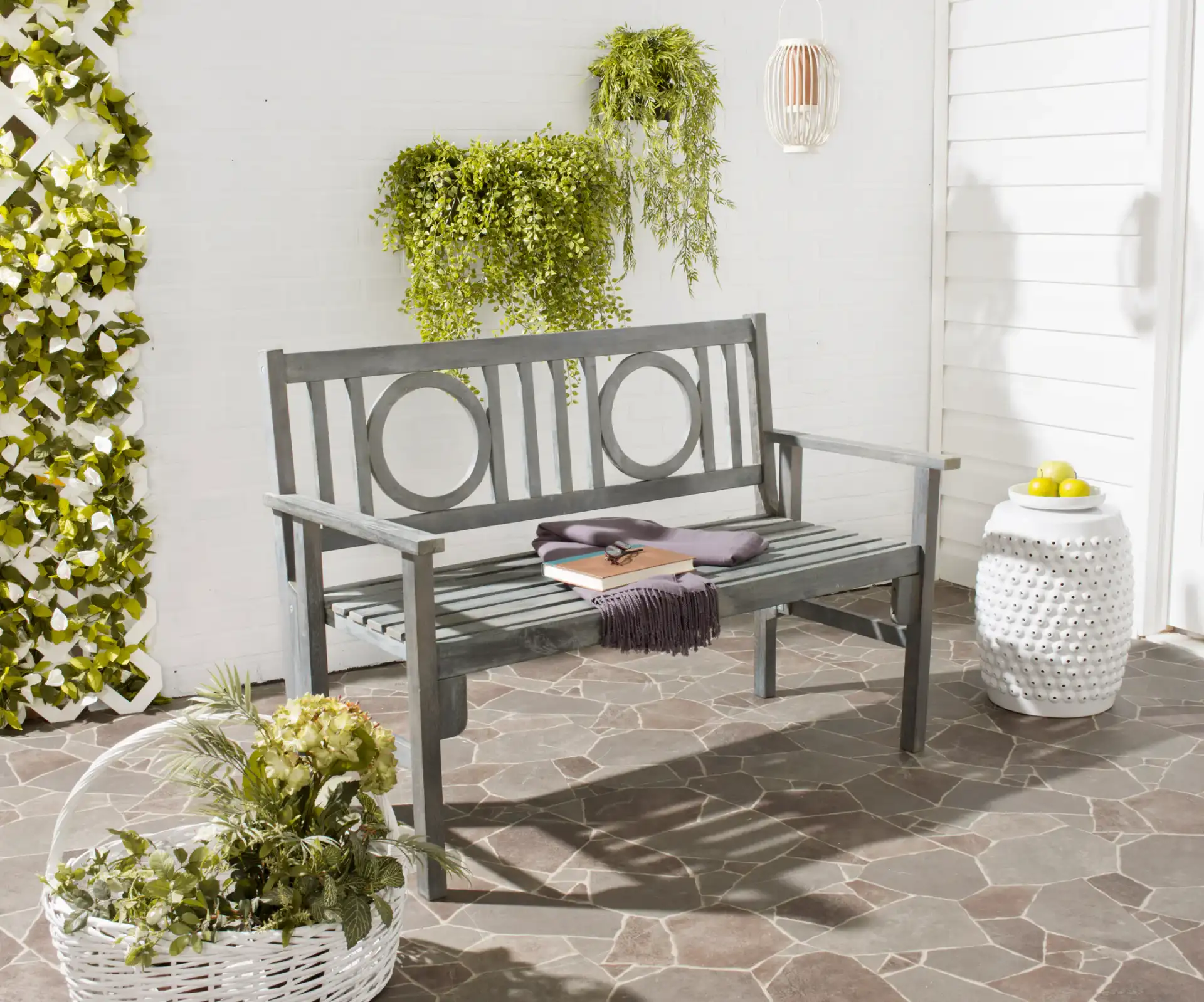 Piedmont Folding Bench in Ash Gray in a styled room