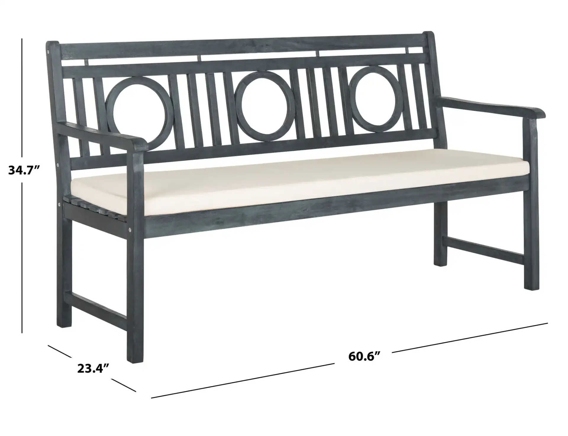 Montclair Three-Seat Bench in Ash Gray / Beige, detail view