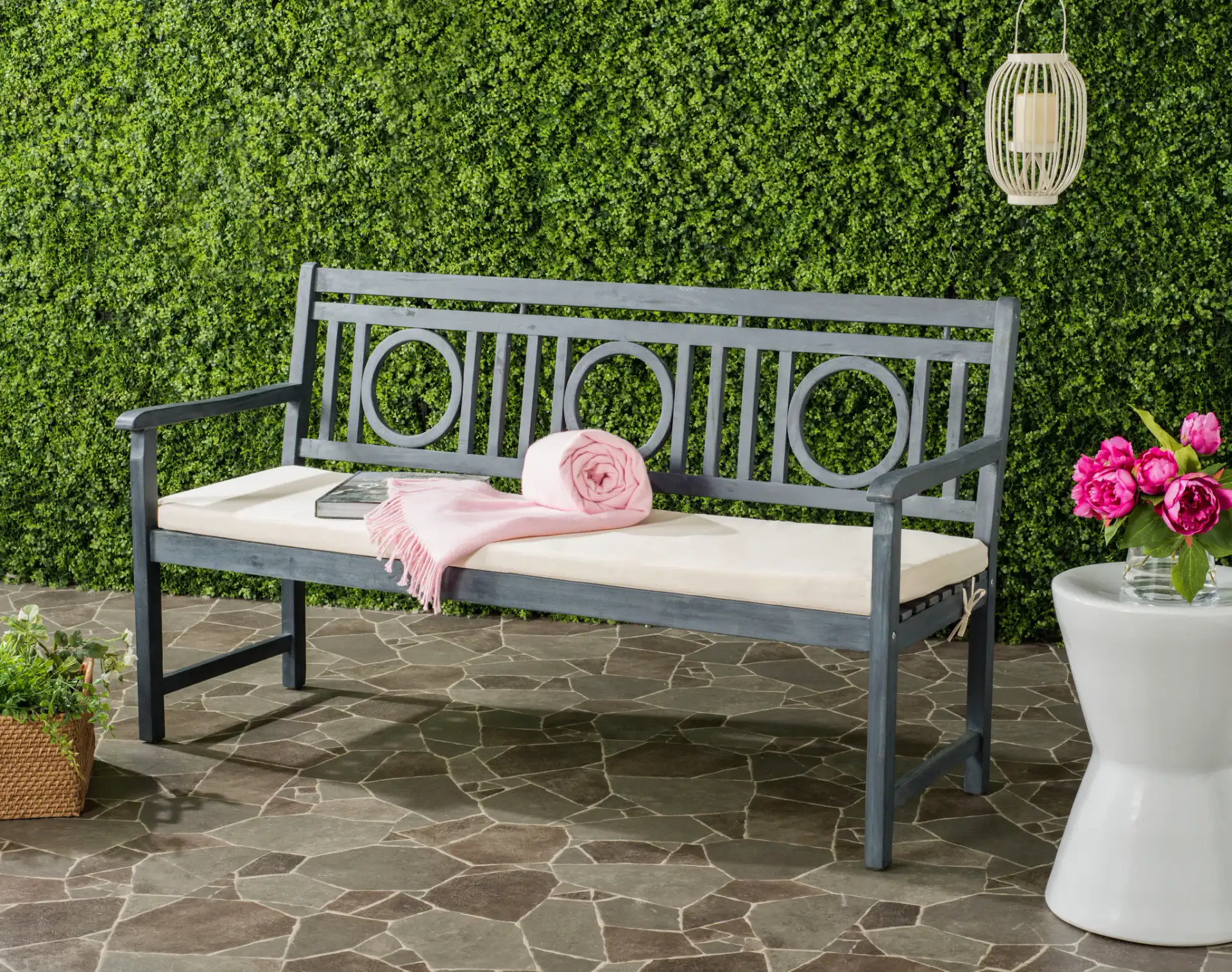Montclair Three-Seat Bench in Ash Gray / Beige in a styled room