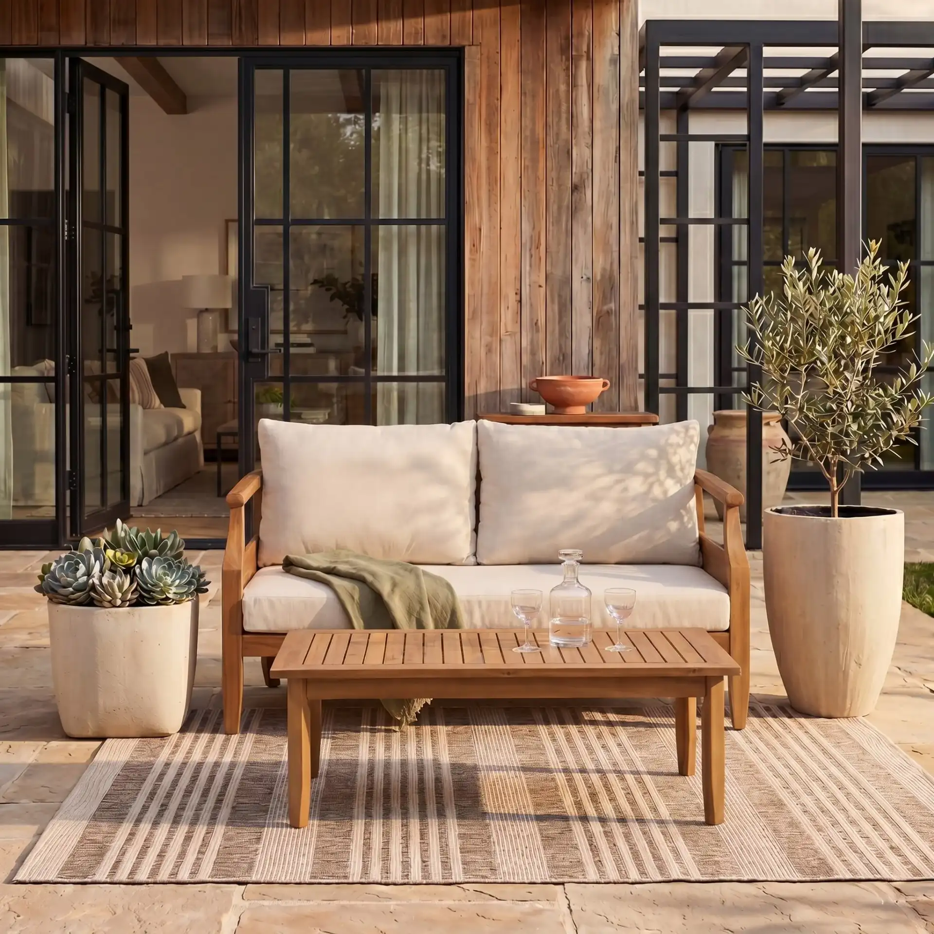 Alta Bench And Table in Teak Brown / Cream in a styled room