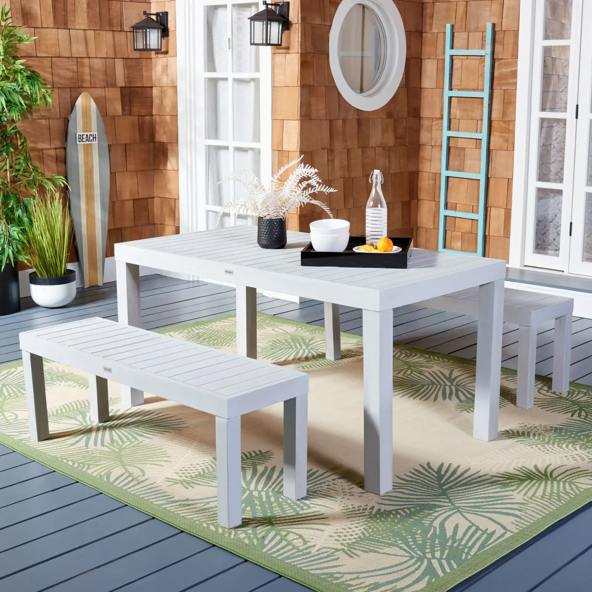 Dario Three-Piece Set With Two Benches in Gray in a styled room