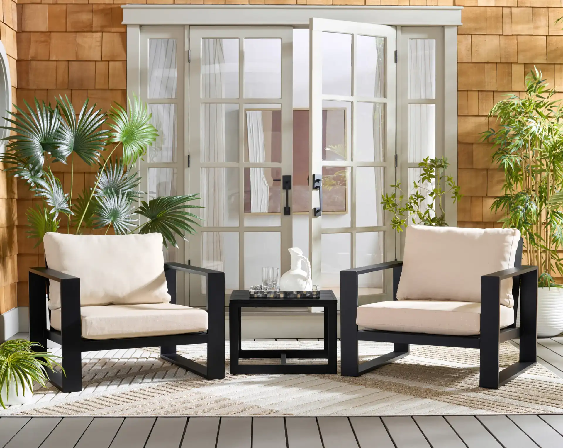 Fash Three-Piece Living Set in Black / Taupe in a styled room