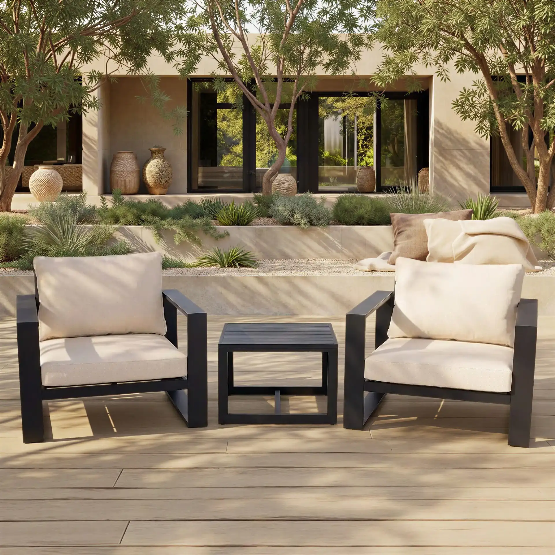 Fash Three-Piece Living Set in Black / Taupe in a styled room