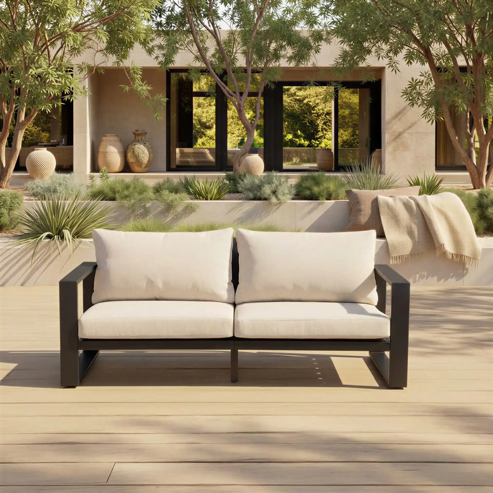 Fash Aluminum Sofa in Black / Taupe in a styled room