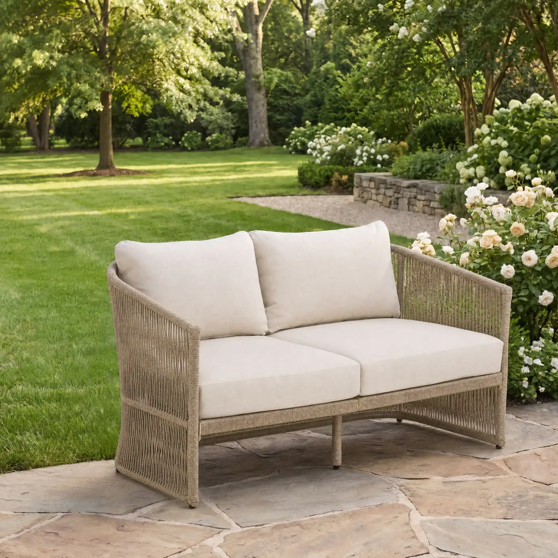 Gillian Loveseat in Heather Tan / Ivory in a styled room