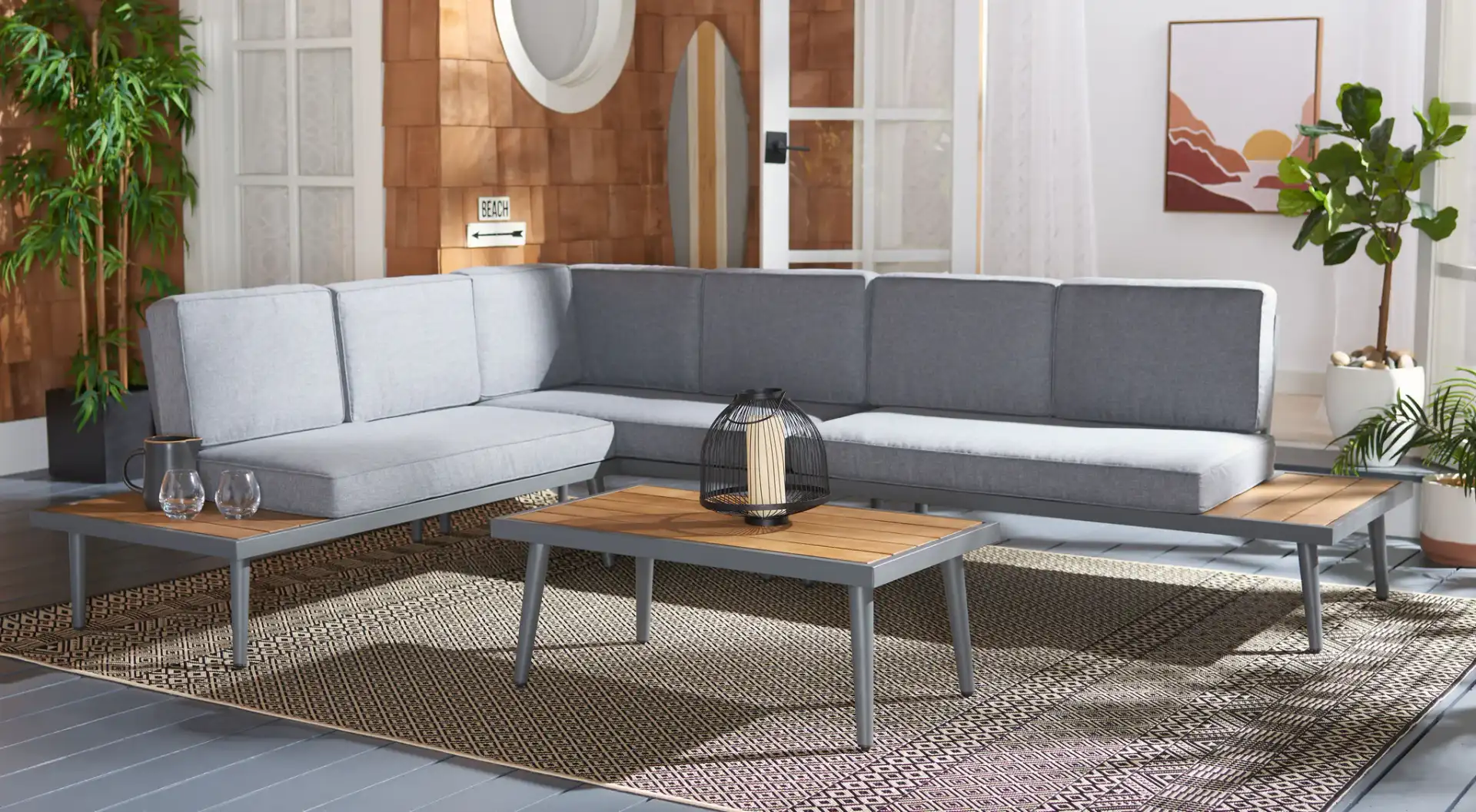 Guthrie Corner Living Set in Natural / Light Gray in a styled room