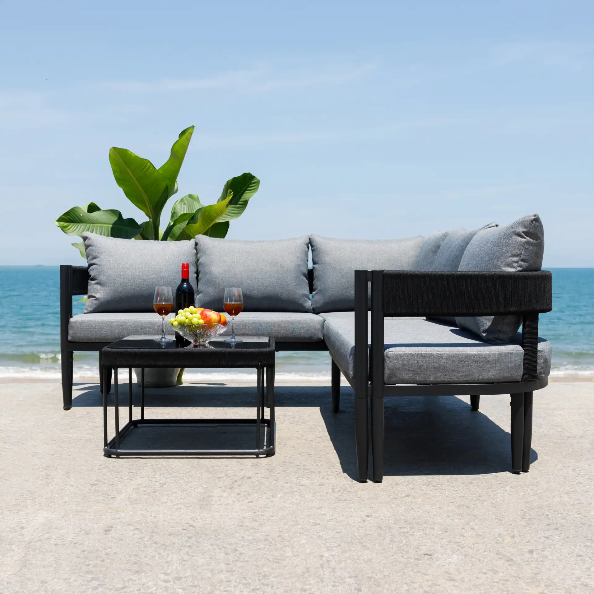 Viola Corner Set in Black / Gray in a styled room