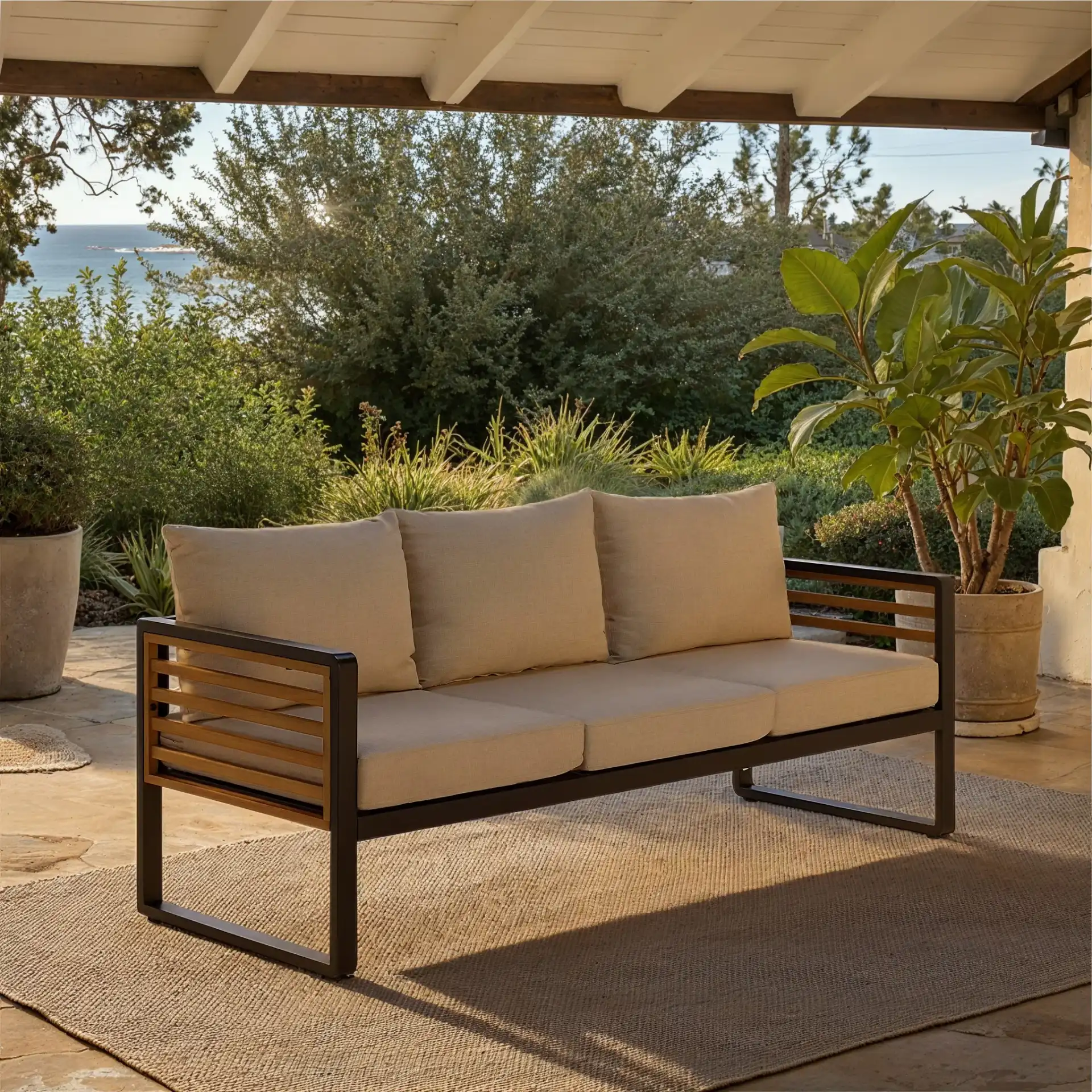 Baker Three-Seater Sofa in Black / Taupe in a styled room