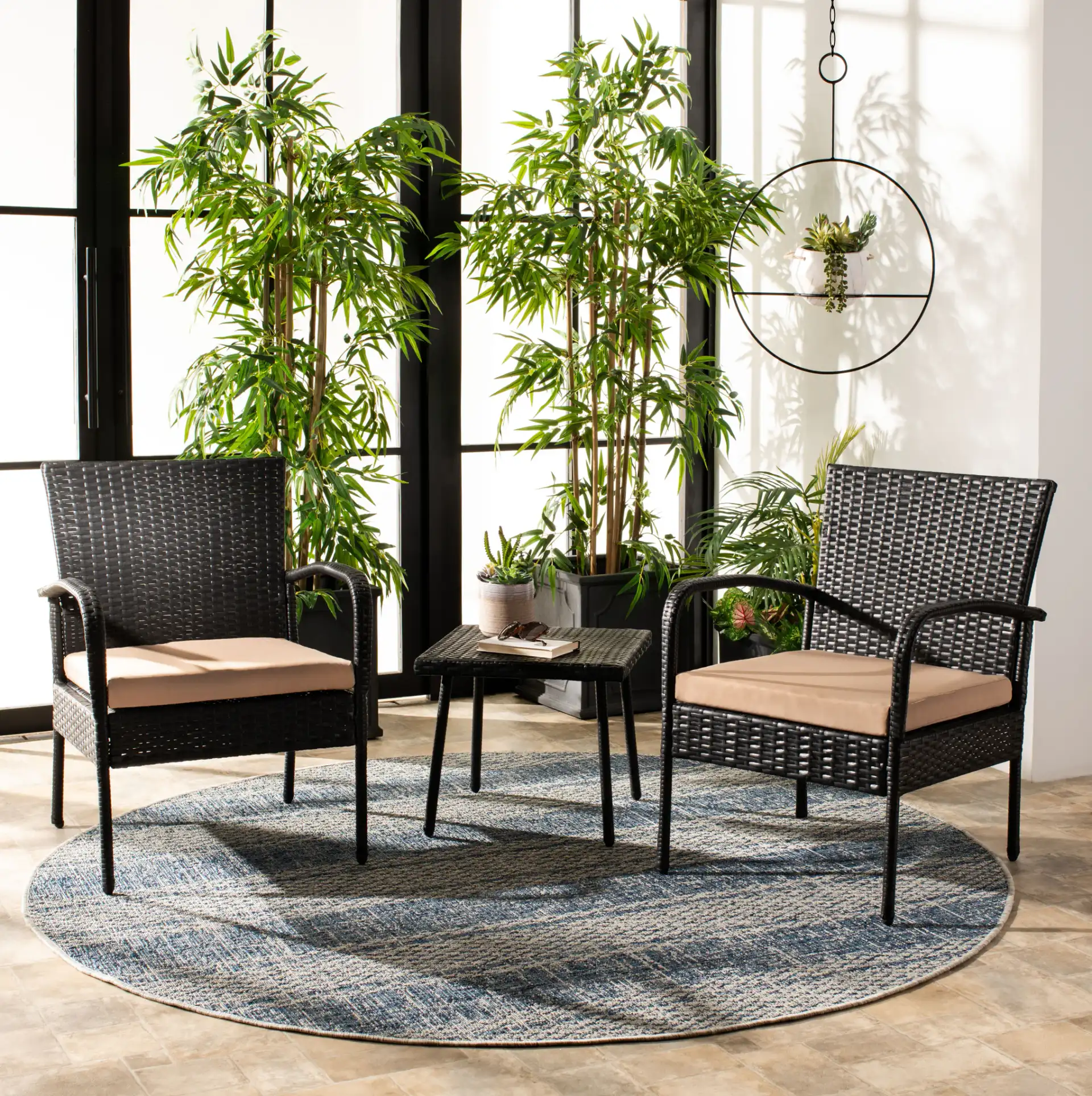 Moore Three-Piece Lounge Set in Black / Beige in a styled room