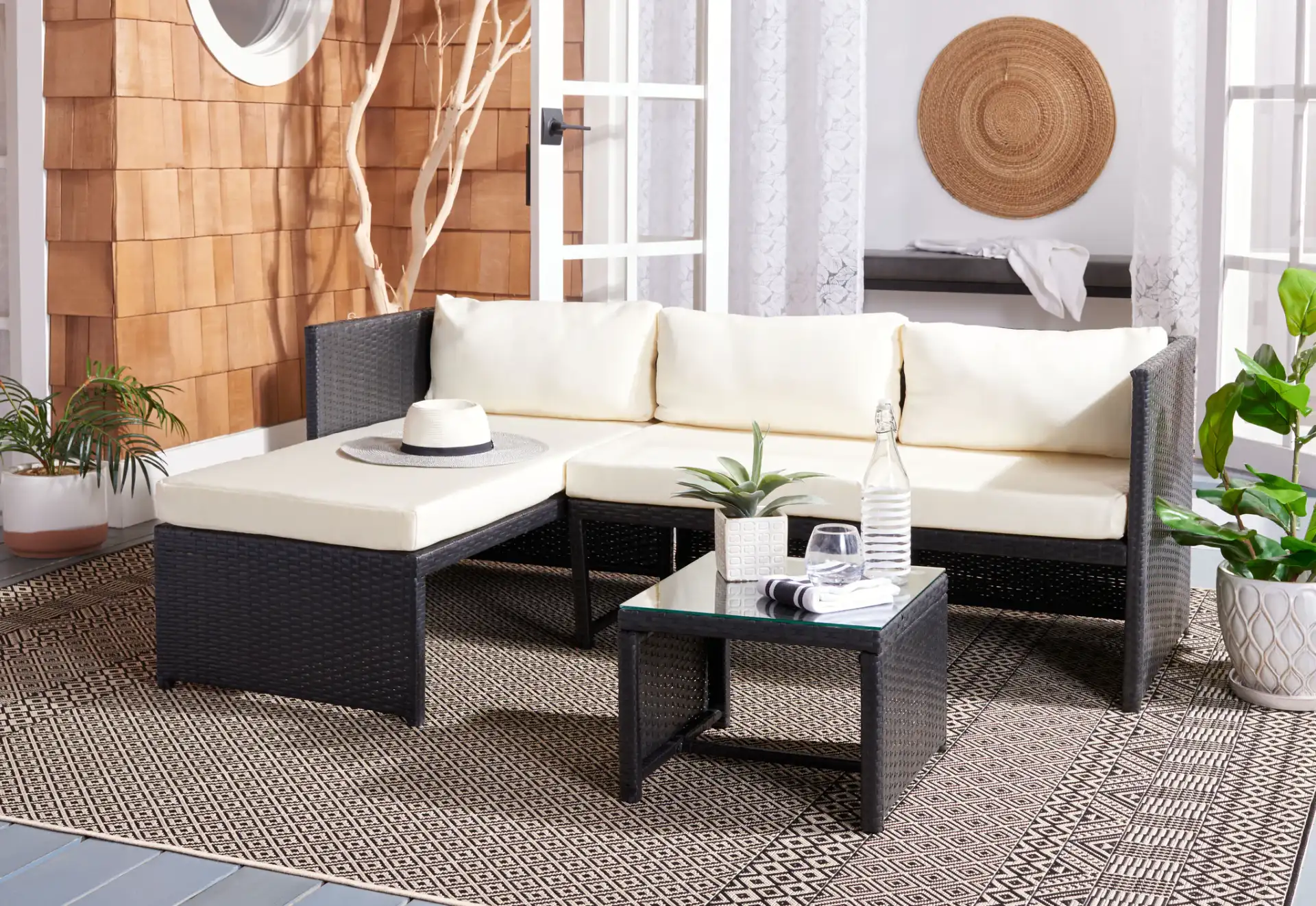 Bronson Three-Piece Sofa Set in Black / Beige in a styled room